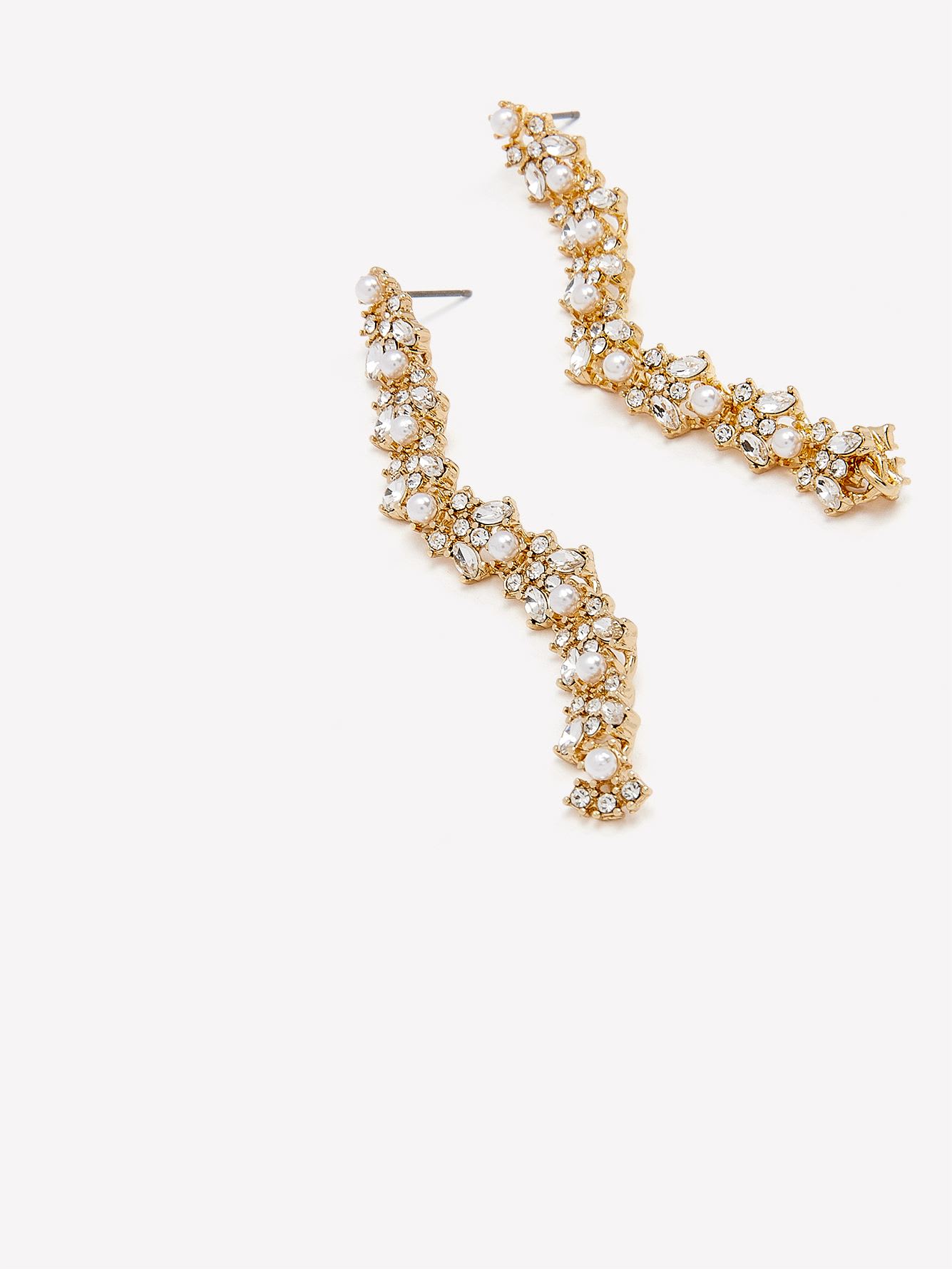 Long Drop Earrings with Rhinestones and Pearls