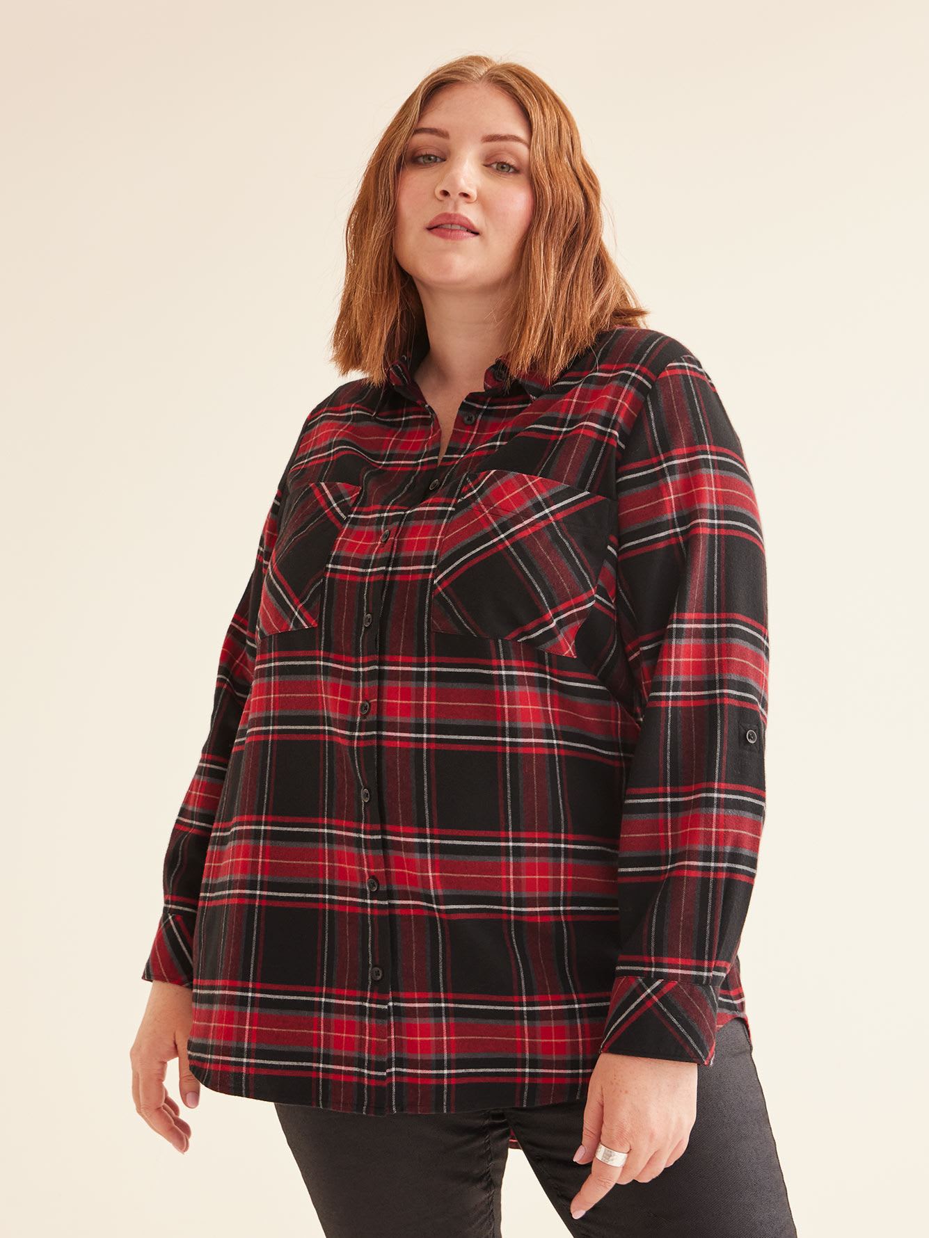 Plaid Flannel Shirt with Rolled-Up Sleeves