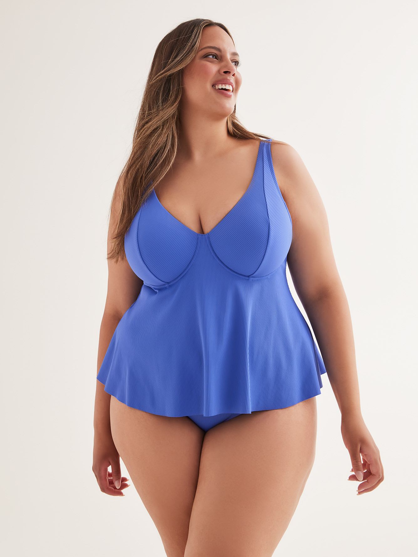 Blue Ribbed Plunge Tankini Top