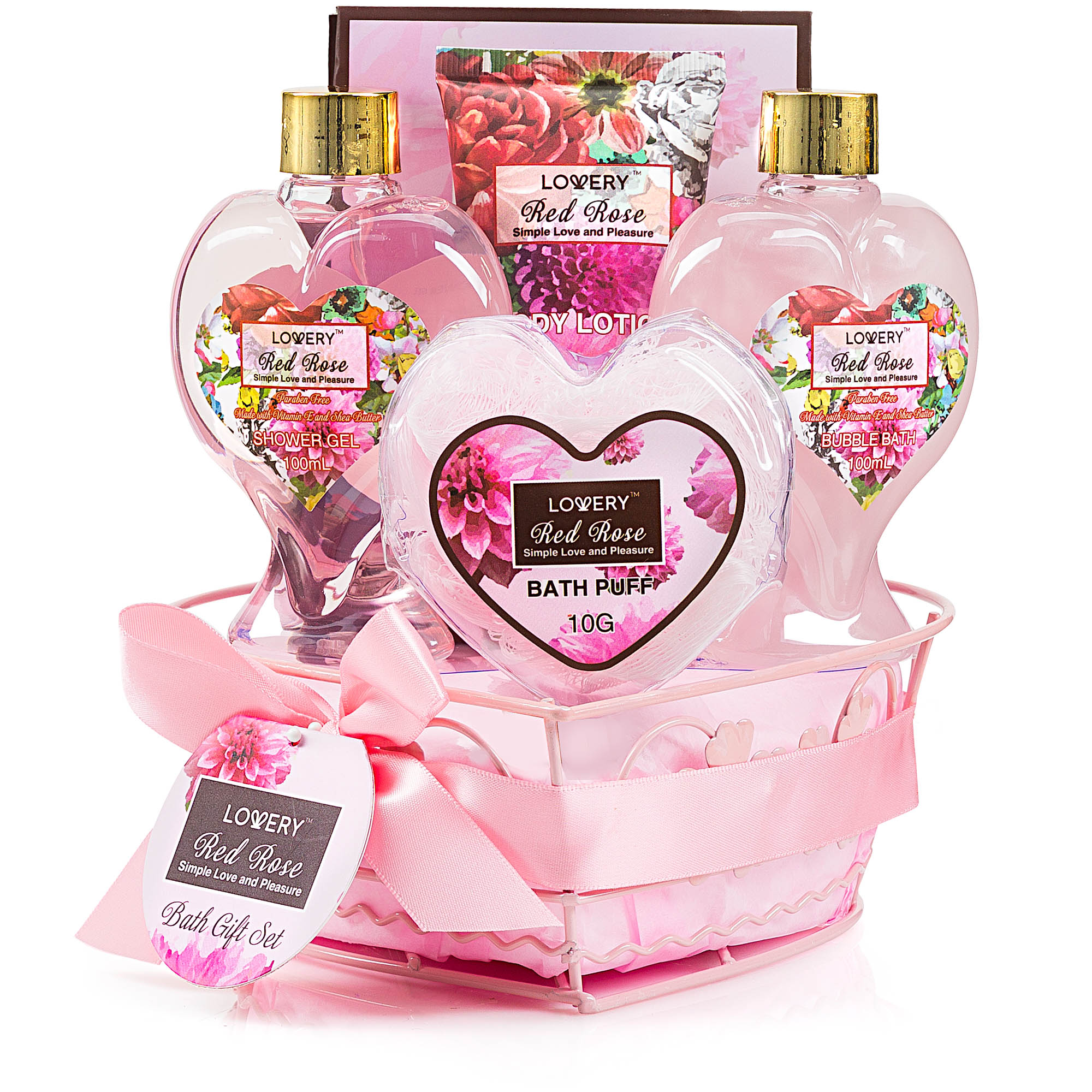 Lovery Home Spa Gift Basket - Red Rose Scent In Heart Shaped Wire Basket