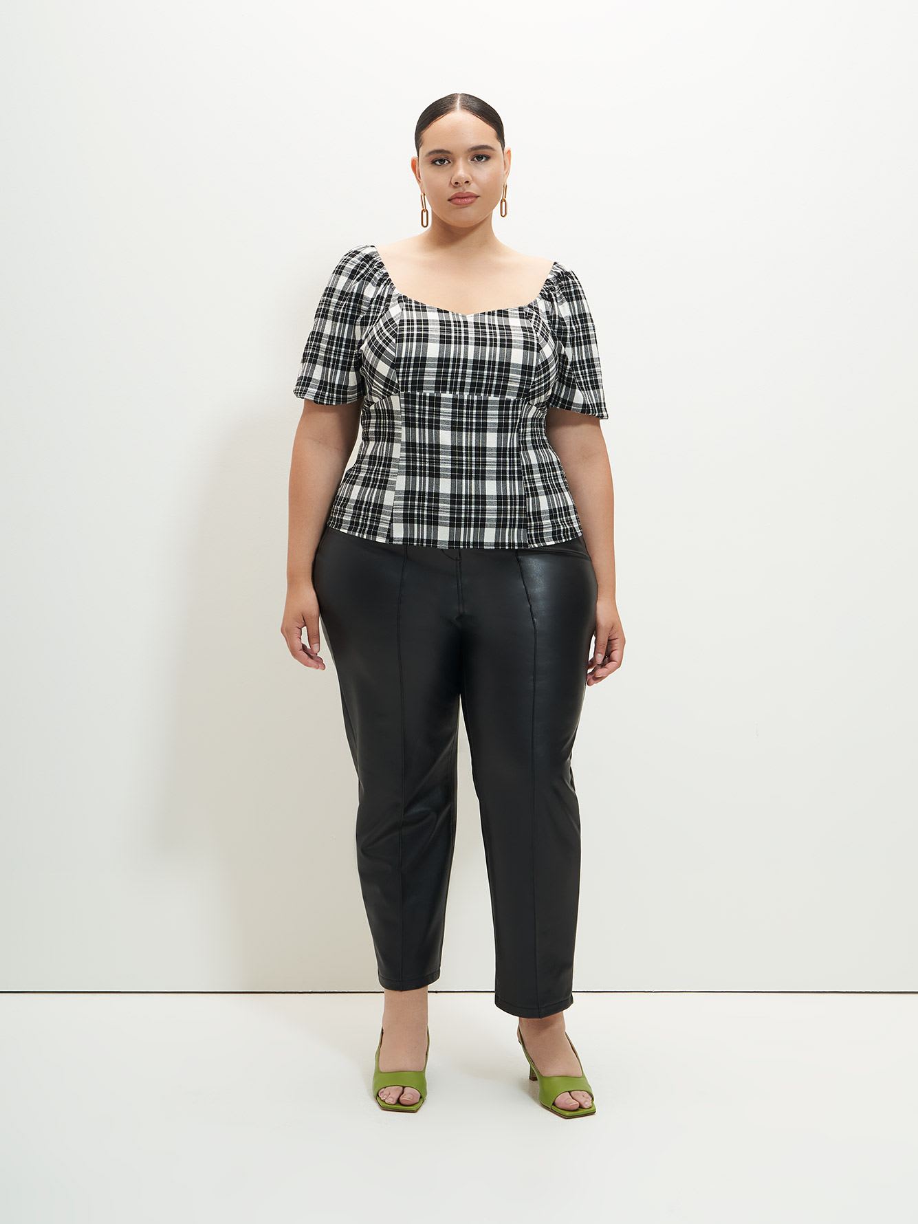 Plaid Blouse with Short Bubble Sleeves - Addition Elle