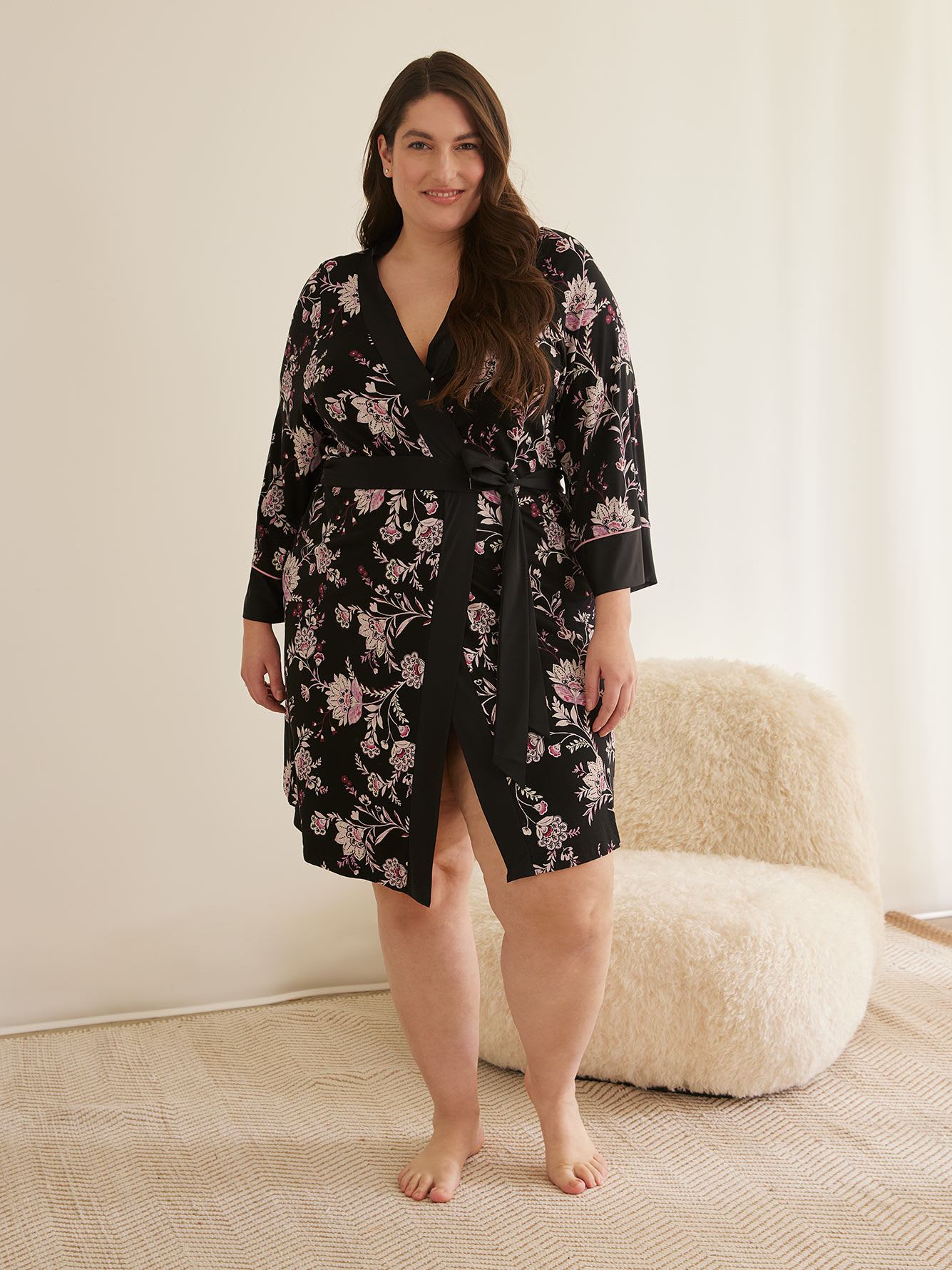 Printed Kimono Robe with Satin Details - Déesse Collection