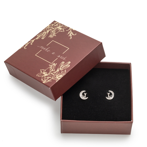 Holiday Gift Box with Clear Crystal Cat on the Moon Stud Earrings - callura