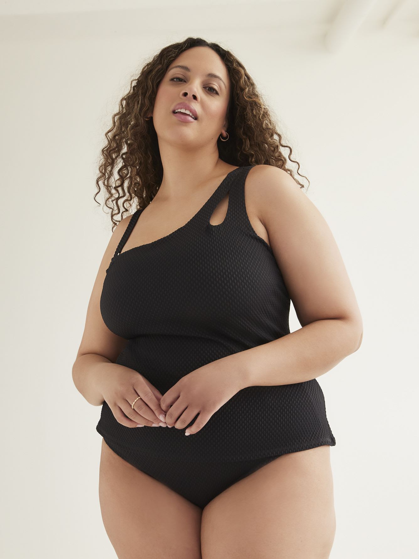 Black Asymmetrical Textured Tankini Top