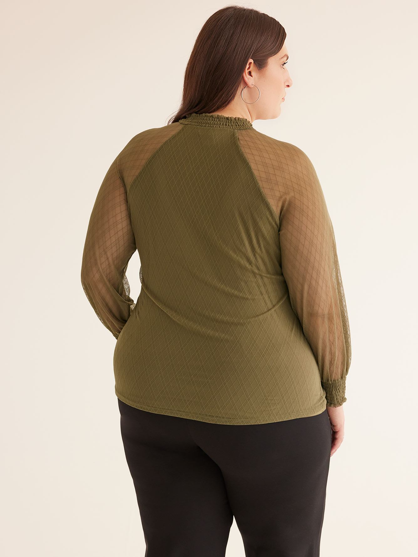 Floral Lace Knit Top with Smocking Mock Neckline