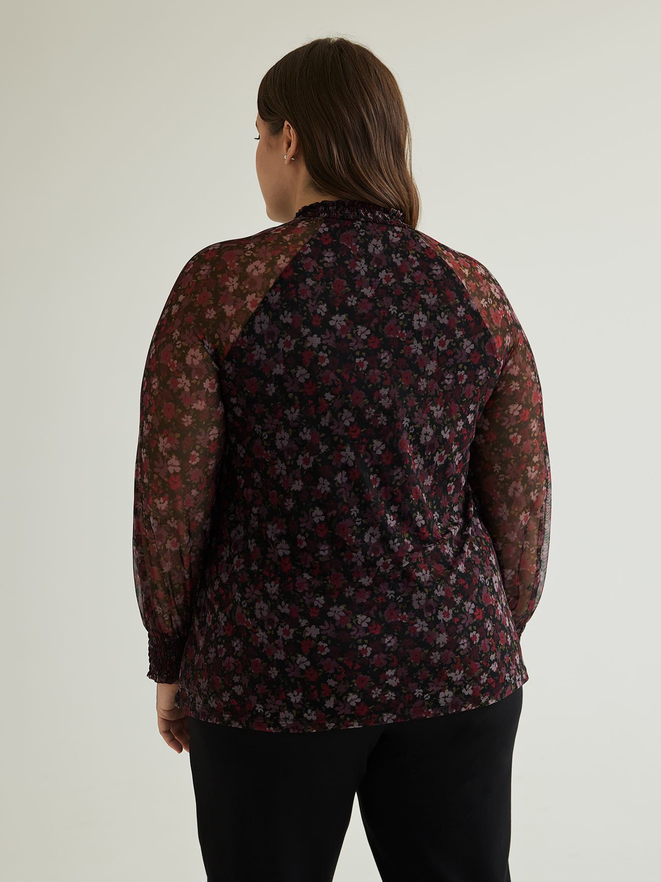 Floral Mesh Knit Top with Smocking Mock Neckline