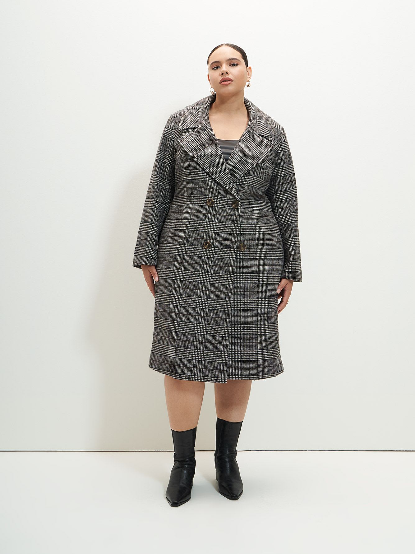 Plaid Double-Breasted Wool Blend Coat - Addition Elle