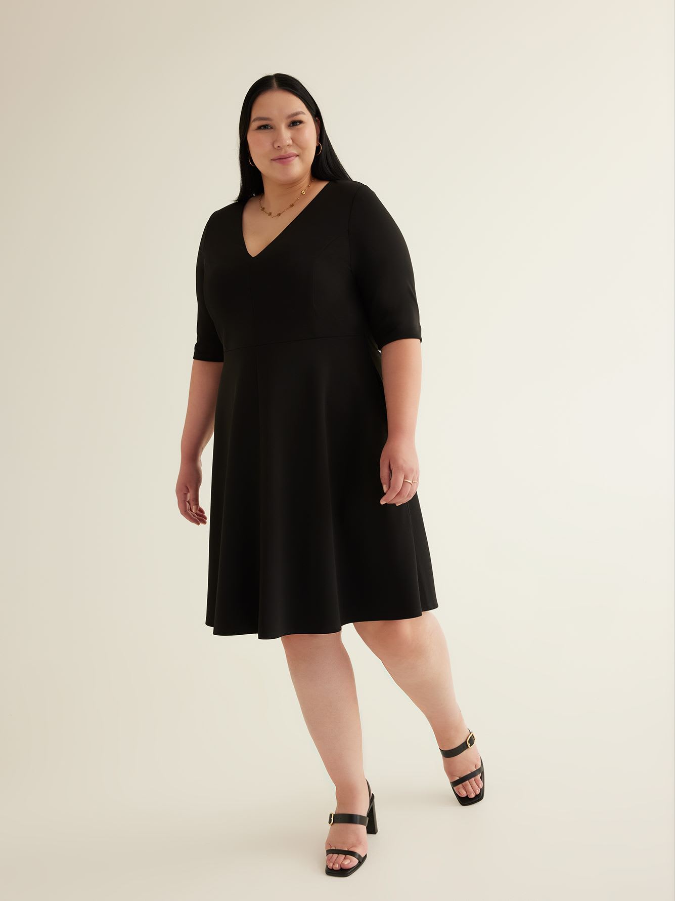 Black Fit-and-Flare Elbow-Sleeve Dress