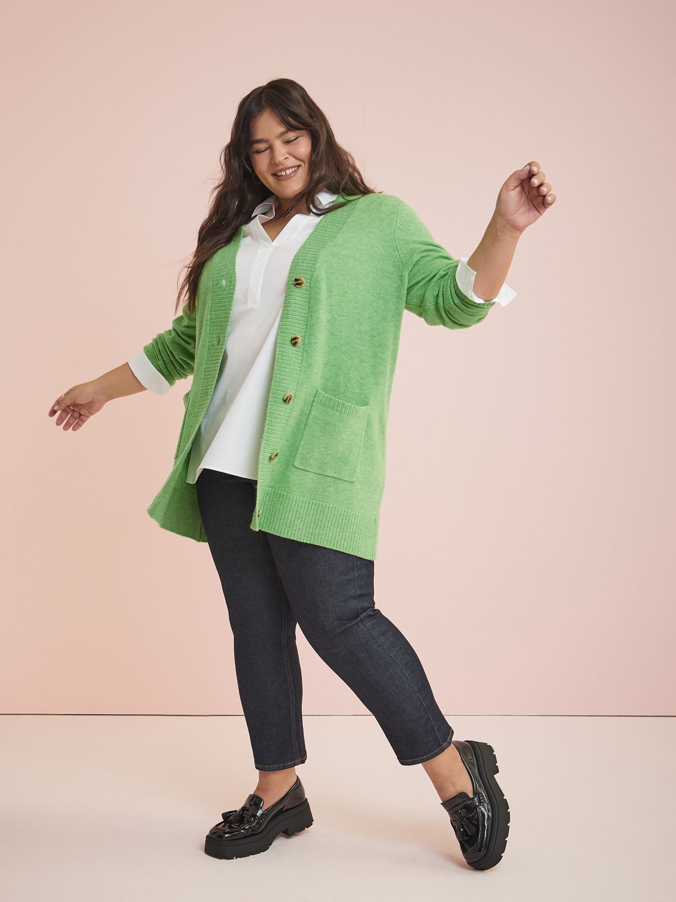 Tunic Length Cardigan With Front Pockets