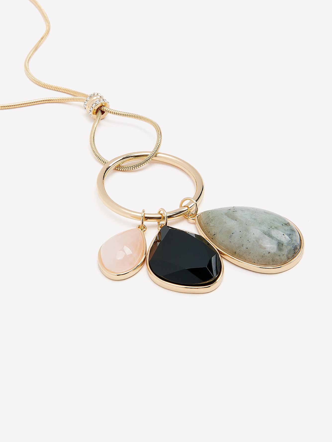 Long Chain Necklace with Stone Ring Pendant