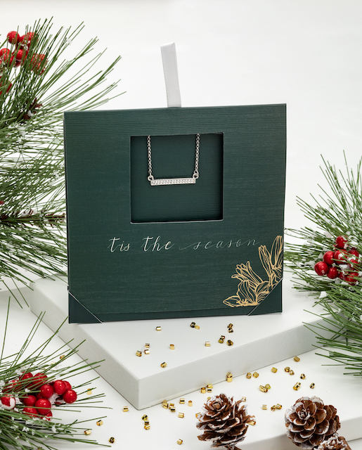 Holiday Gift Envelope with Clear Crystal Pave Bar Pendant Necklace - callura
