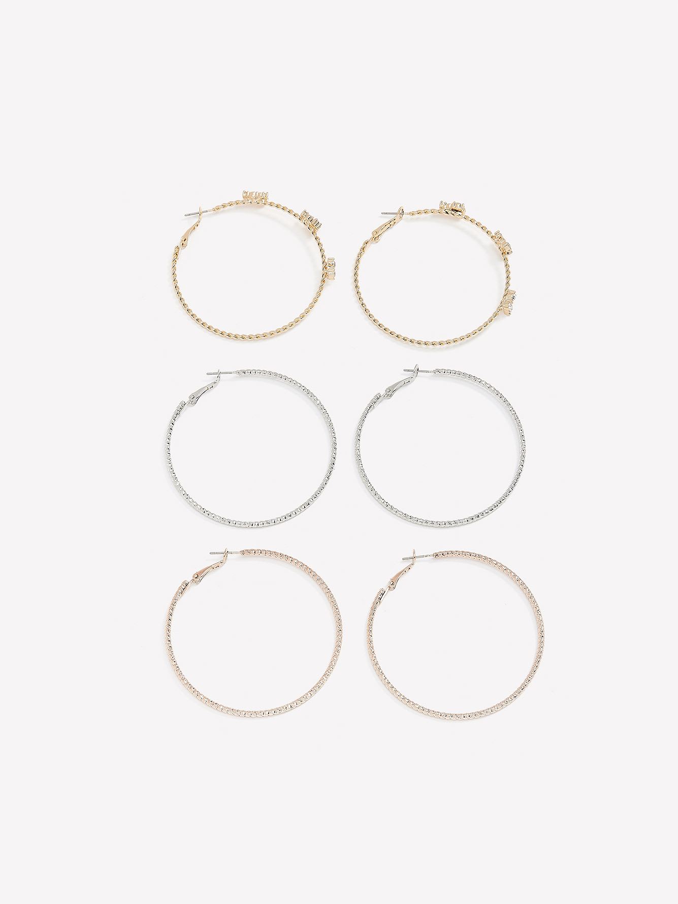 Large Thin Textured Hoop Earrings, Set of 3