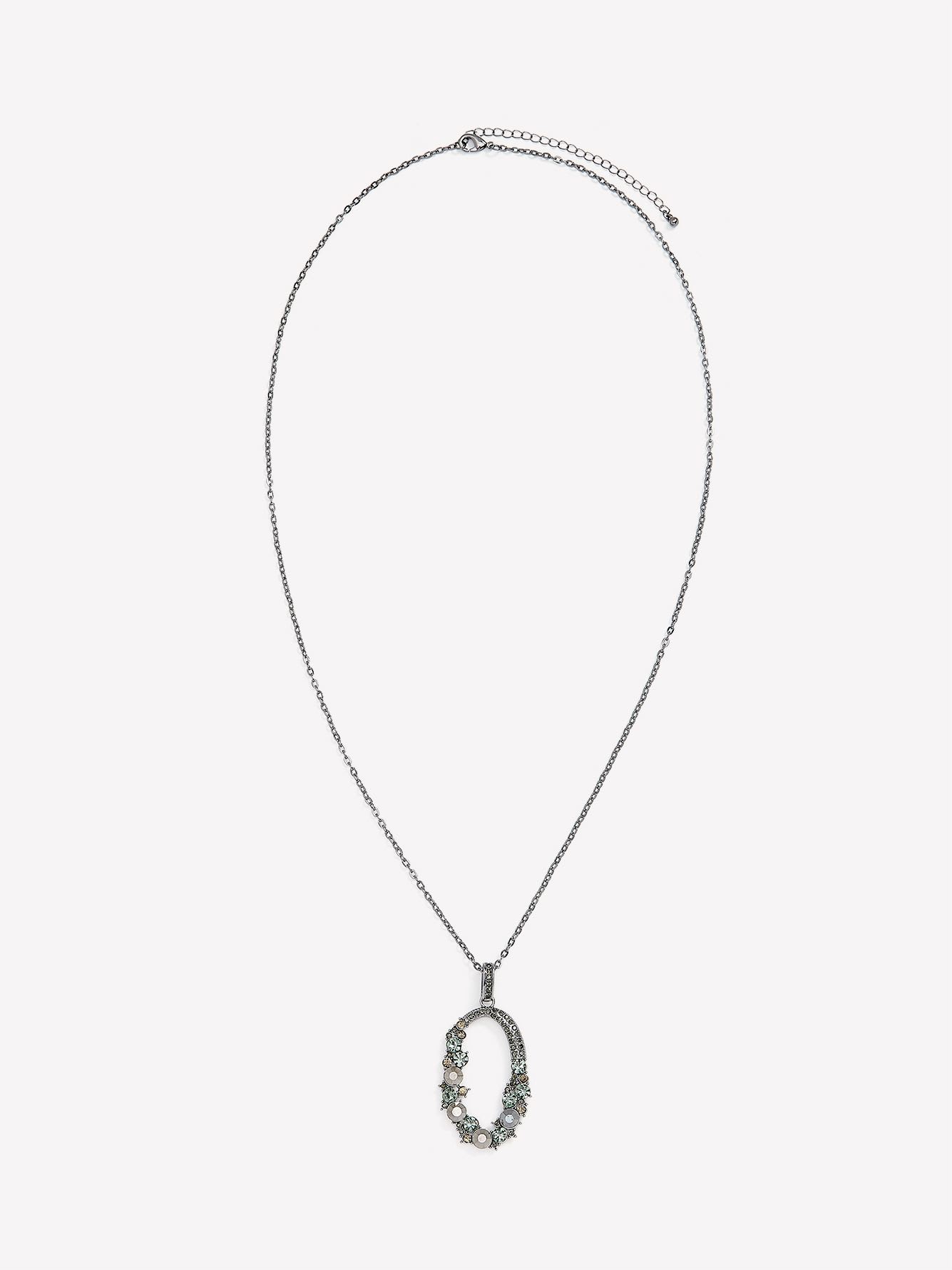 Long Necklace with Black Stone Oval Pendant