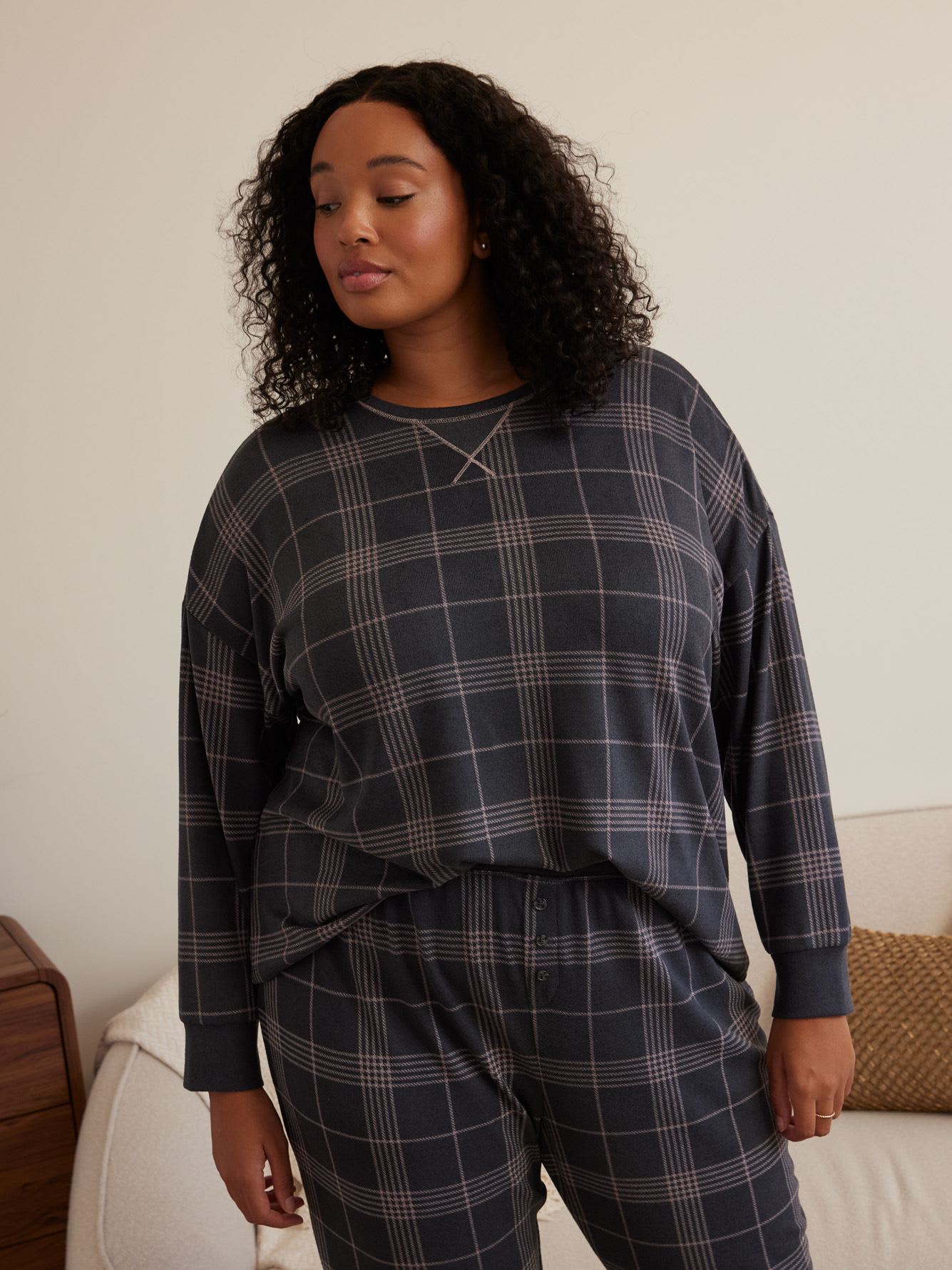 Long-Sleeve Plaid Knit Pyjama Top - ti Voglio