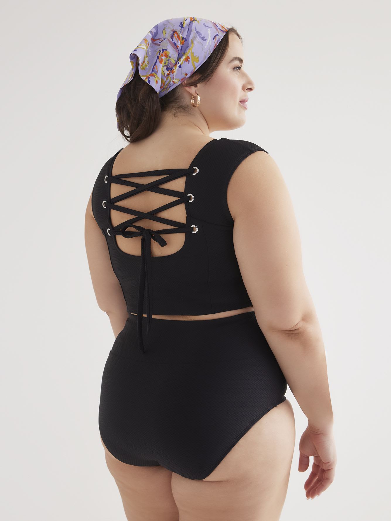 Black Textured Longline Bikini Top with Lace-Up Back