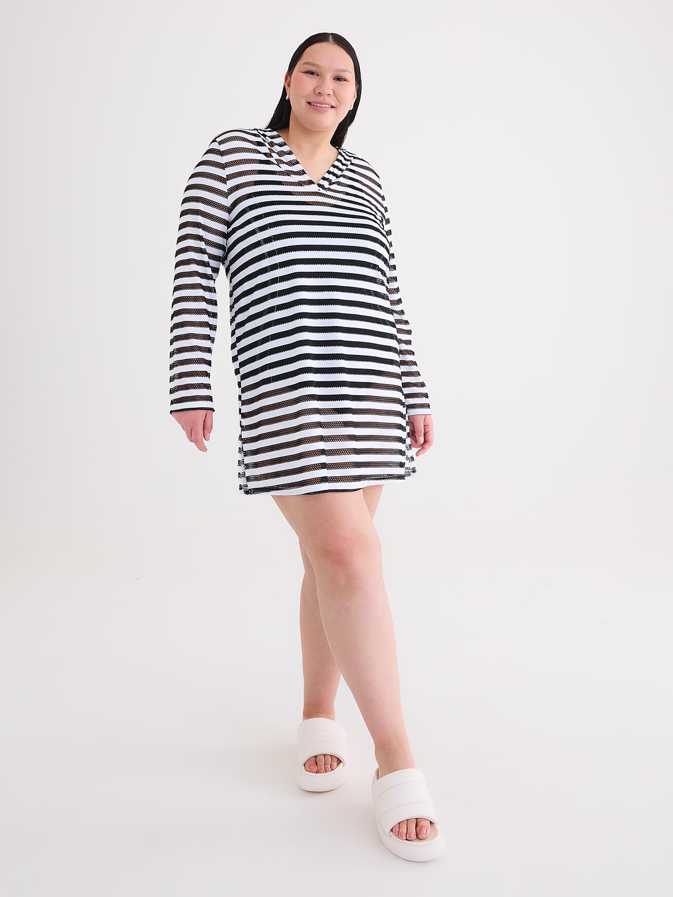 Eden Rock Short Hooded Striped Fishnet Swim Cover-Up Dress - Cover Me