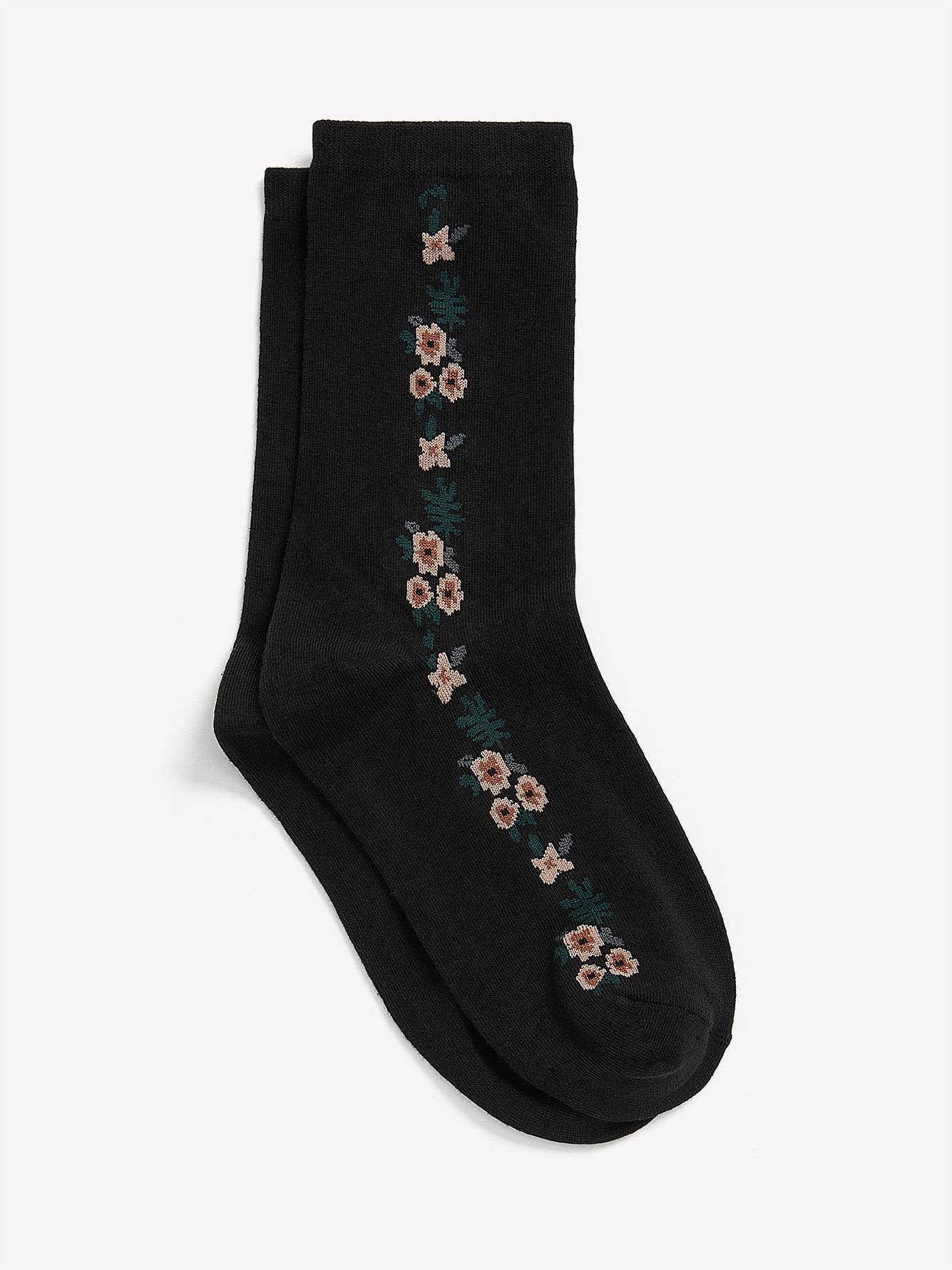 Black Crew Socks with Side Floral Print