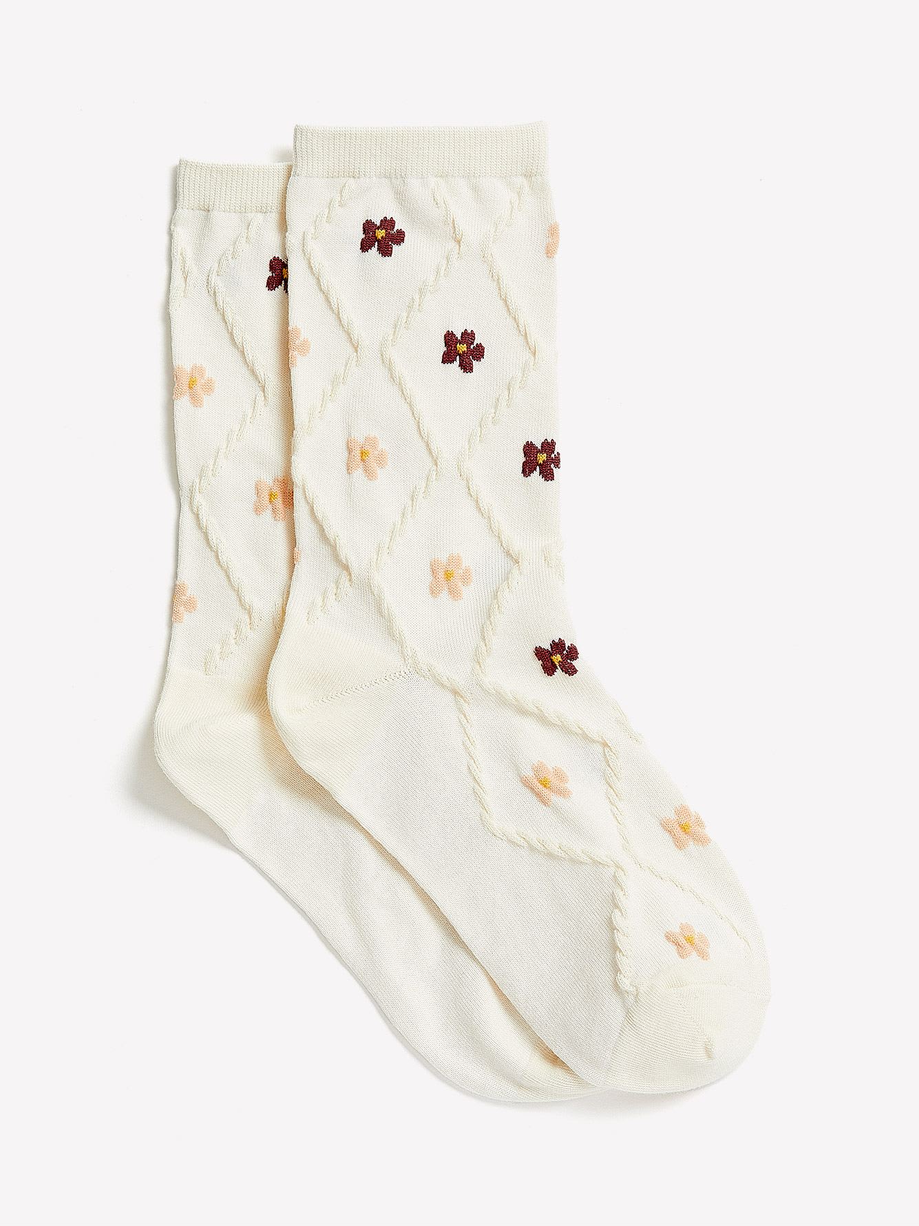 Jacquard Knit Crew Socks with Floral Print