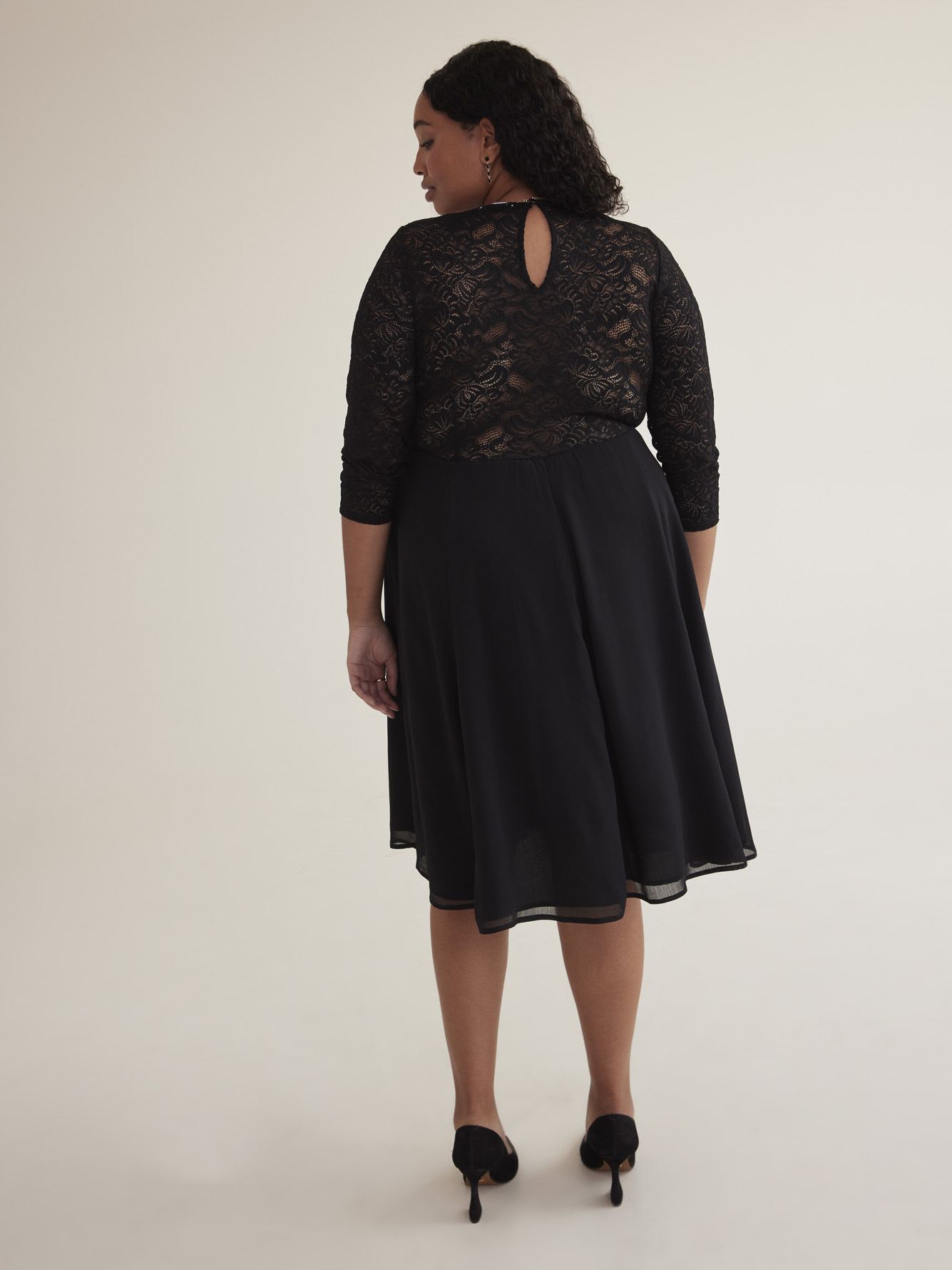 Black Chiffon Flared Dress with Lace Top