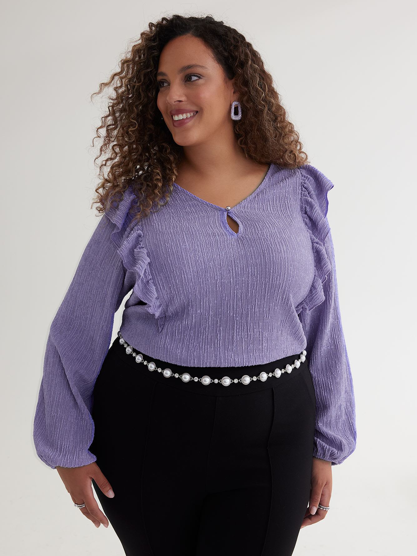 V-Neck Knit Top with Shoulder Ruffles
