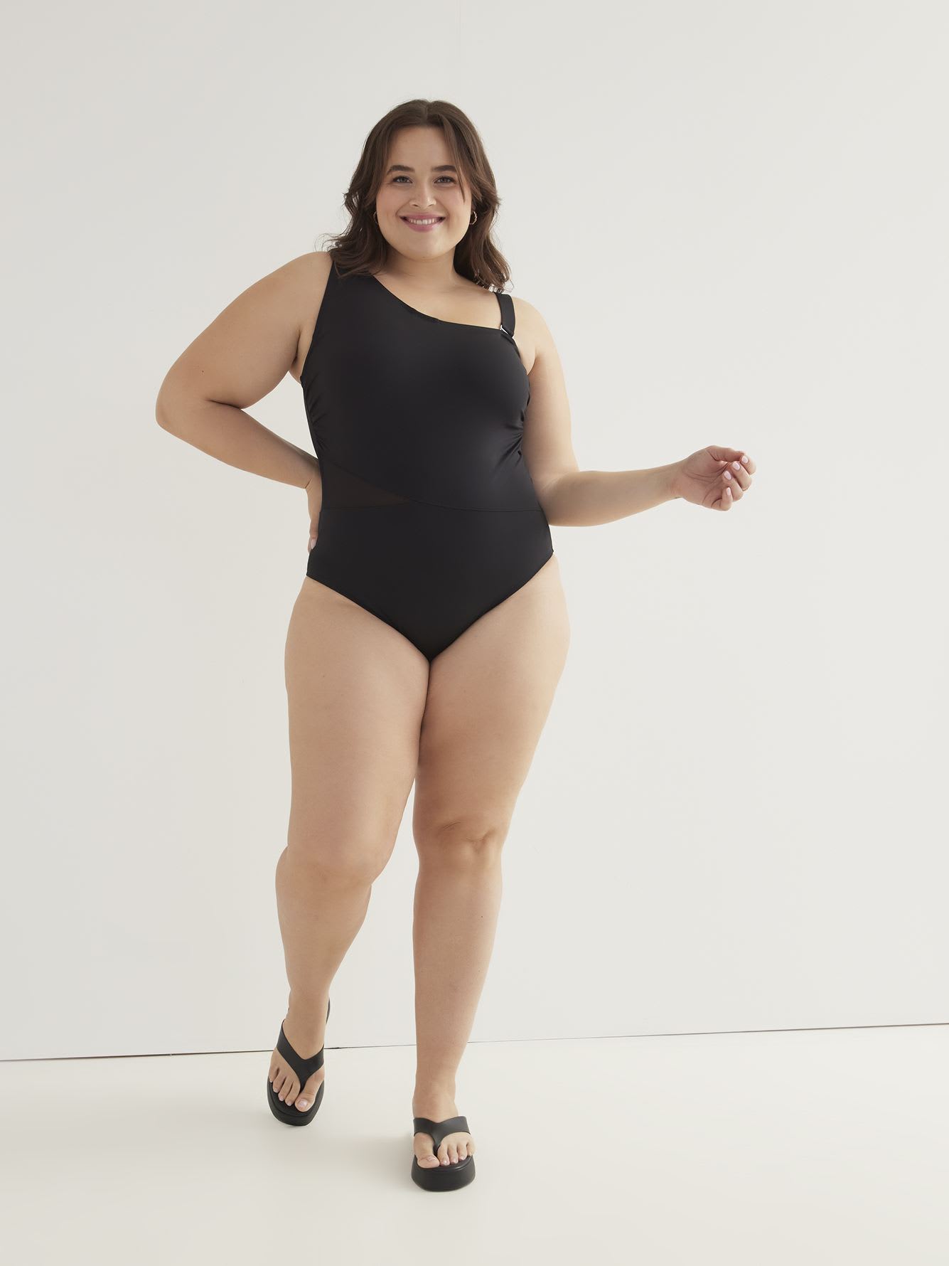 Black Asymmetrical One-Piece Swimwear with Mesh Insert