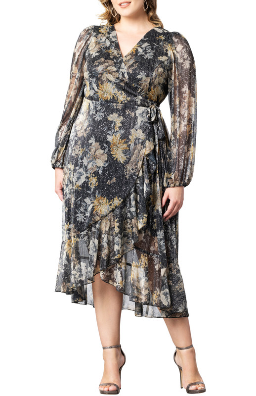 Kiyonna Plus Size Clara Sparkling Long Sleeve Wrap Dress (Plus Size)
