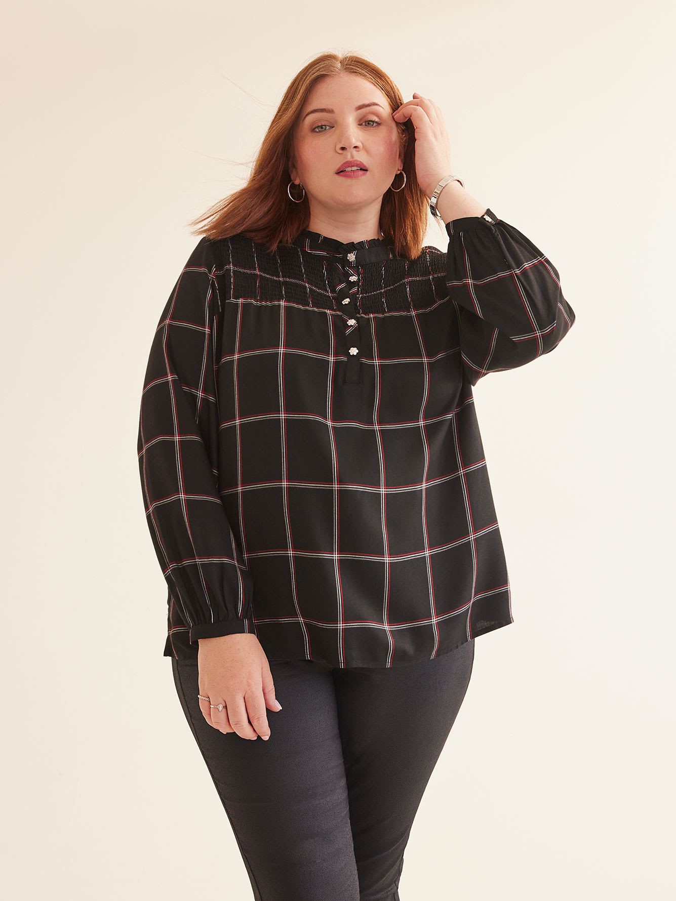 Black Plaid Blouse with Front Smocking