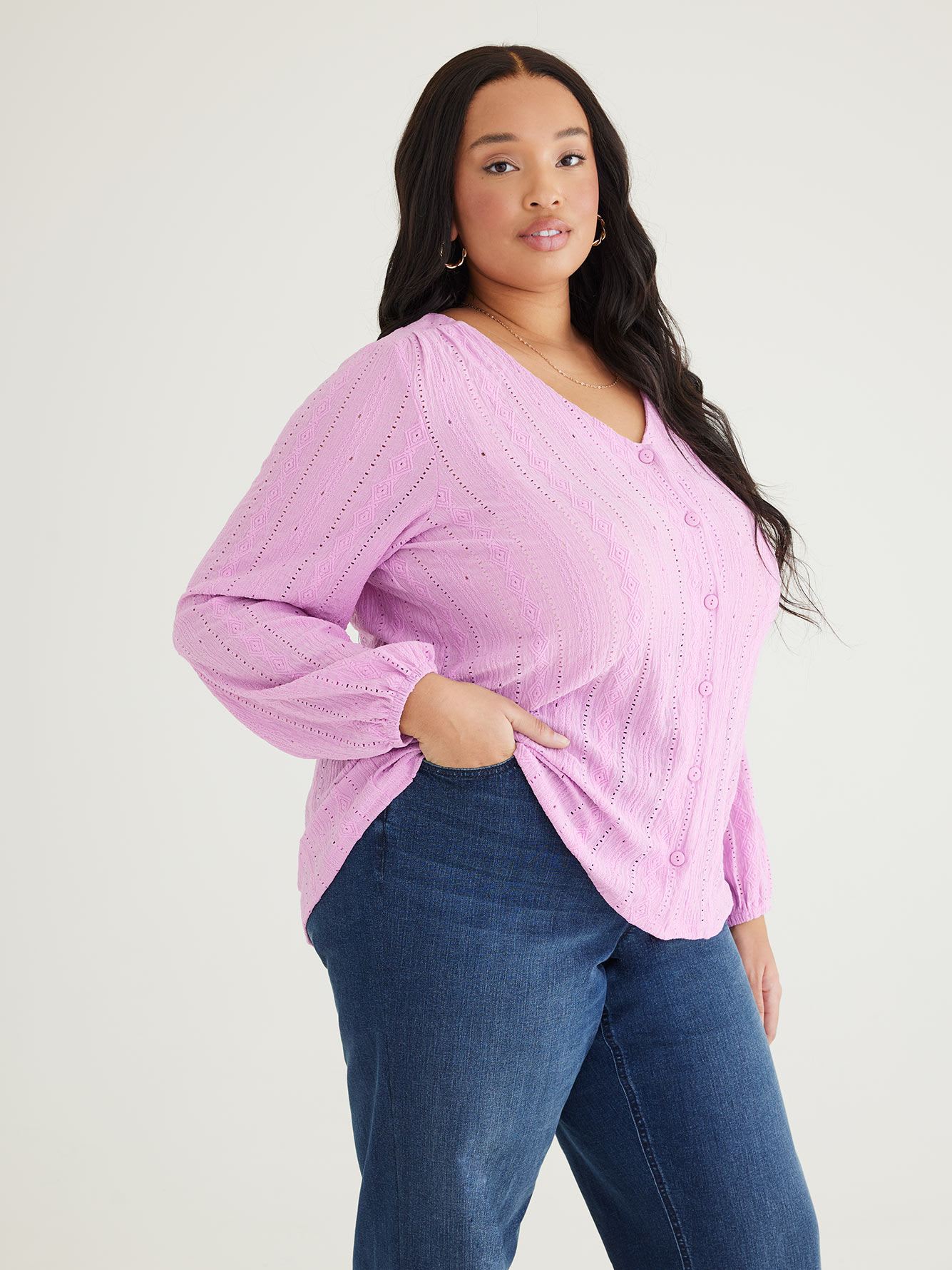 Buttoned-Down Top with Long Bubble Sleeves