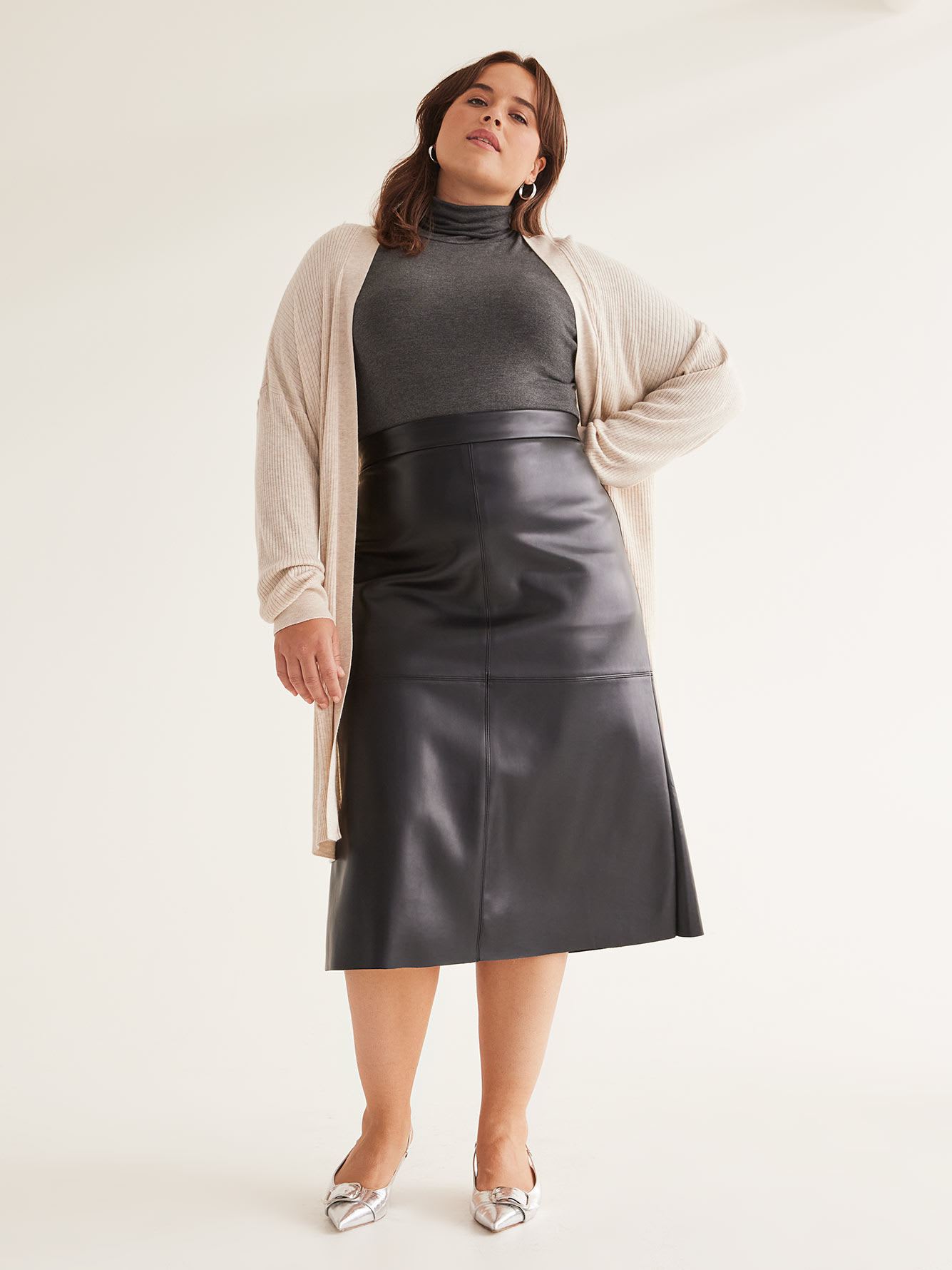 Black Faux Leather Midi Skirt