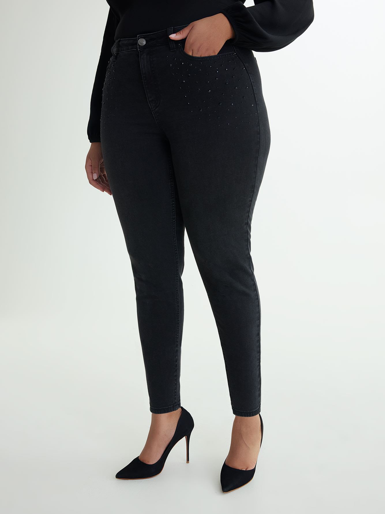 Responsible, Black Skinny-Leg Jeans with Pocket Rhinestones - d/C Jeans