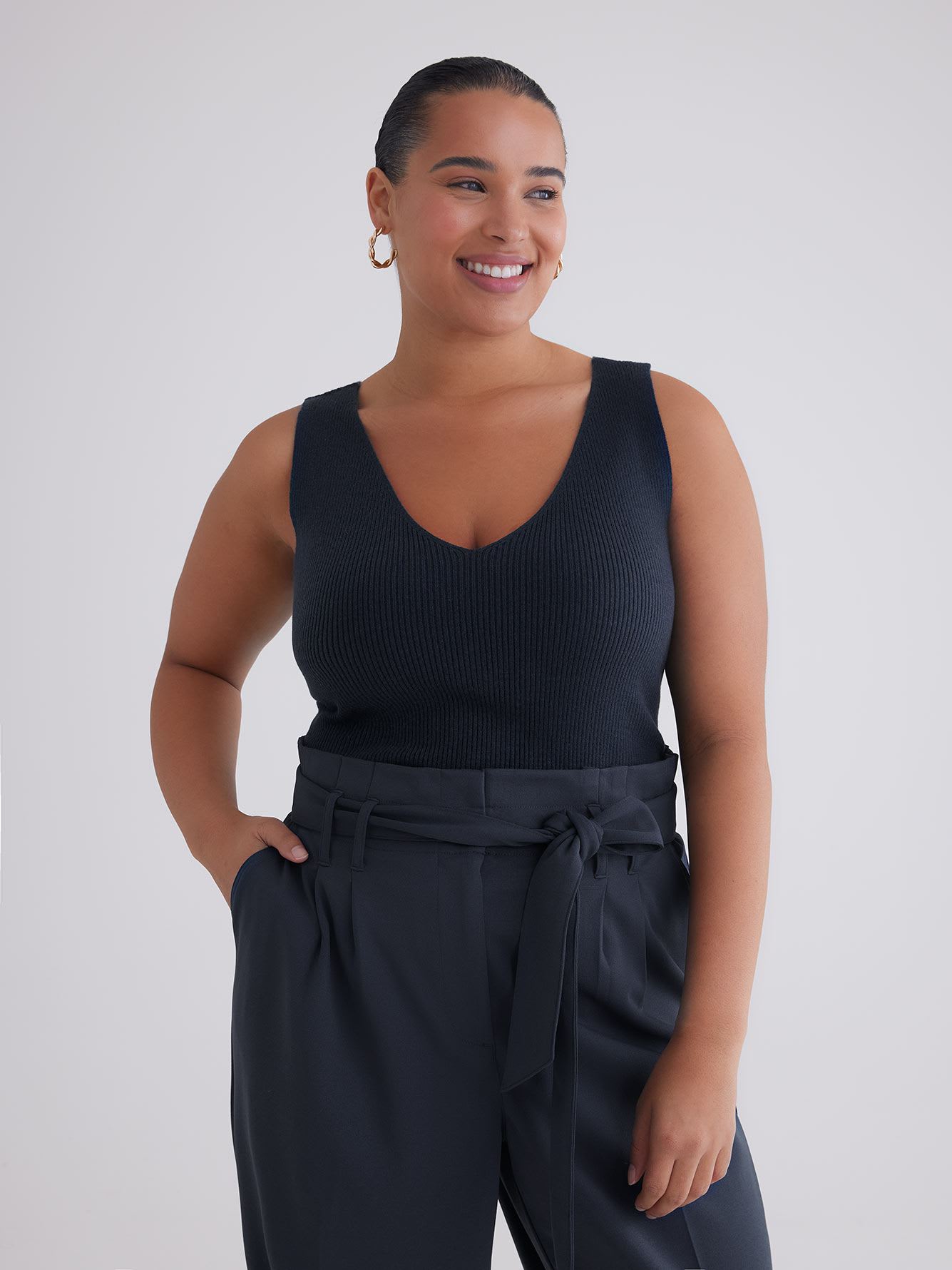 Short Solid V-Neck Rib Sweater Tank