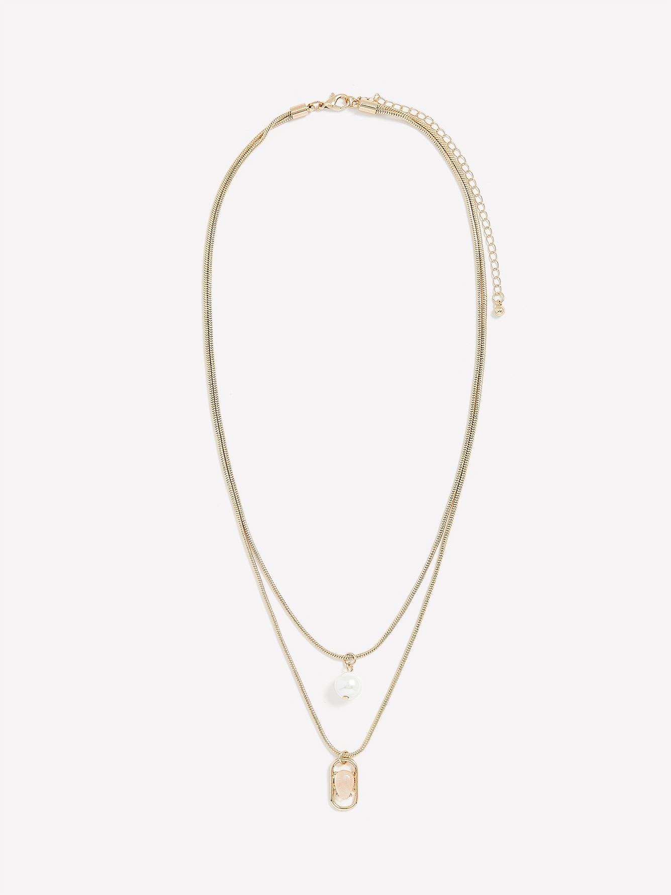 Two-Layer Short Necklace with Pearl and Stone Pendants