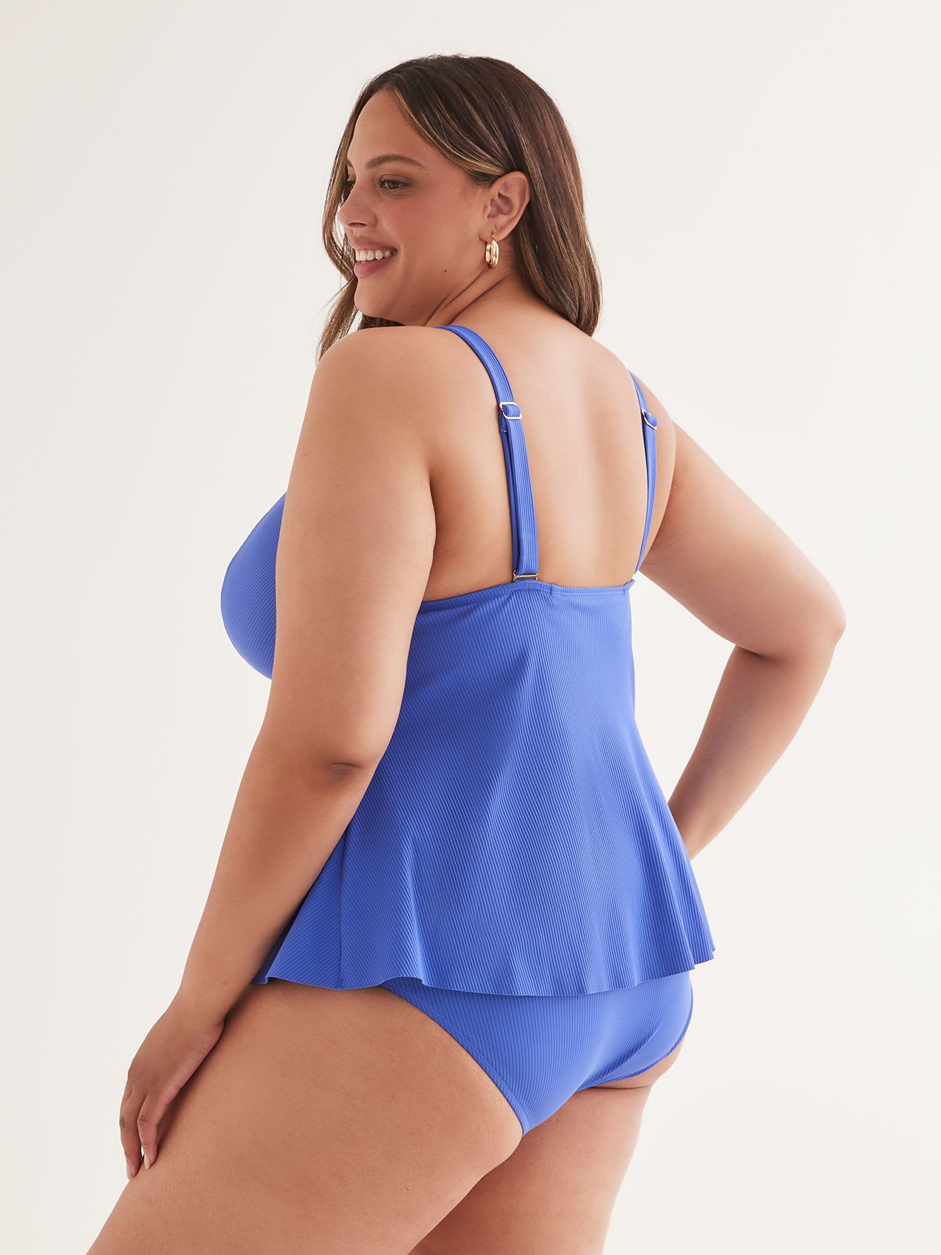Blue Ribbed Plunge Tankini Top