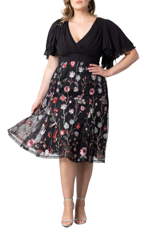 Kiyonna Plus Size Lillian Embroidered Mesh Midi Cocktail Dress (Plus Size)