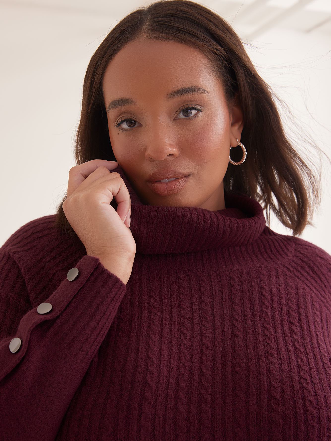 Cable Knit Tunic Sweater with Cowl Neck