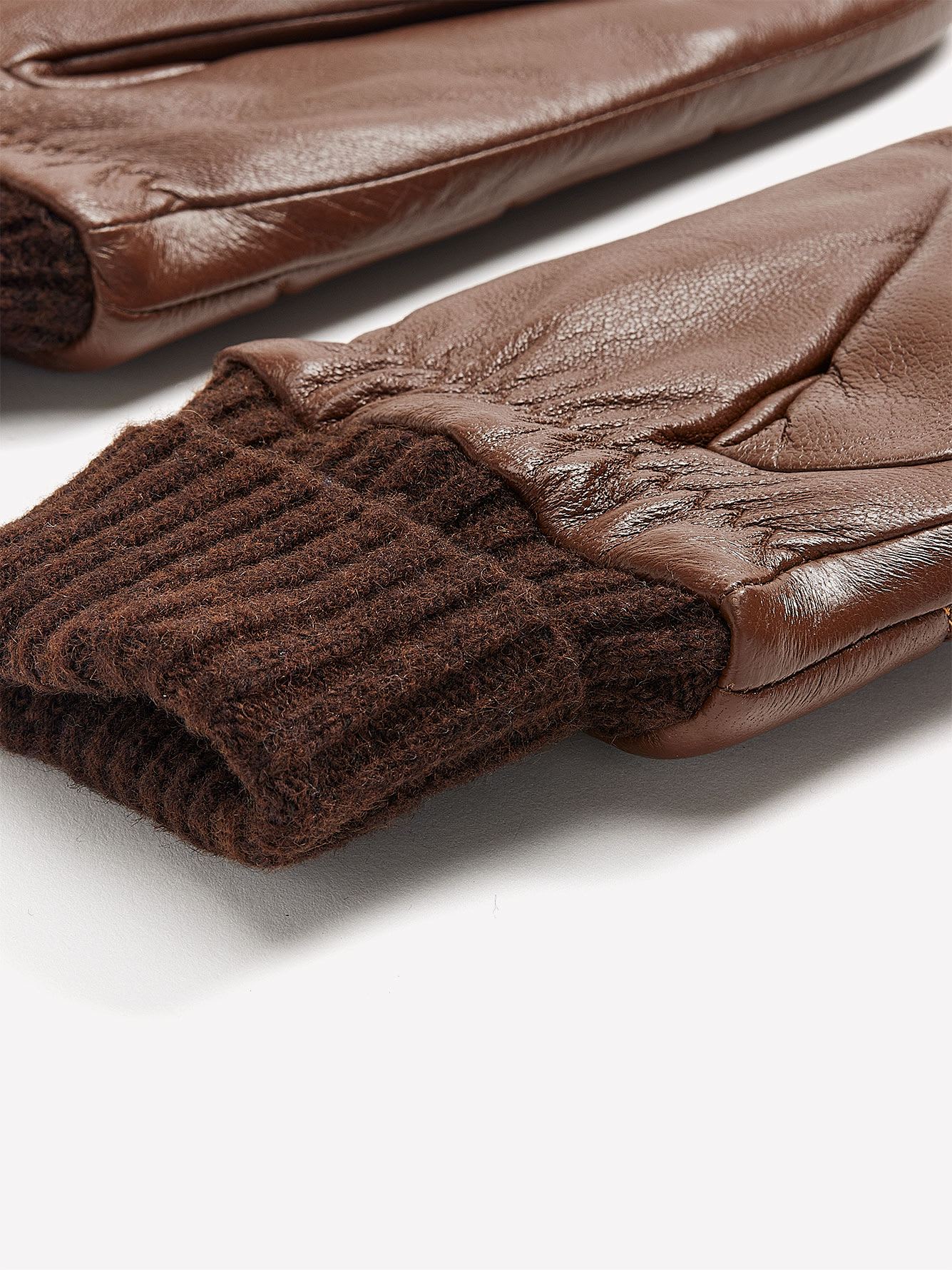 Brown Leather V-Stitch Quilted Mittens with Ribbed Cuffs