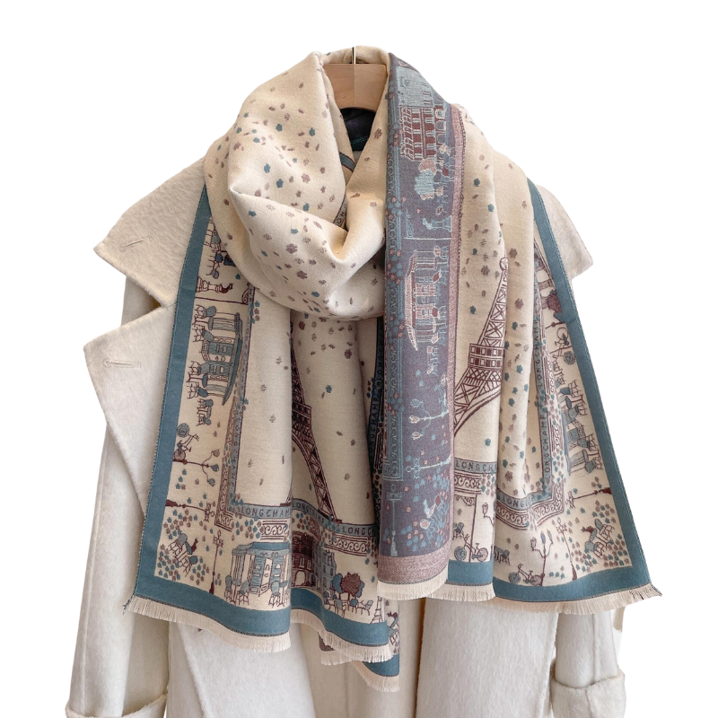 Beige & Dusty Blue Parisian Patterned Fringe-Trimmed Scarf- Don't AsK
