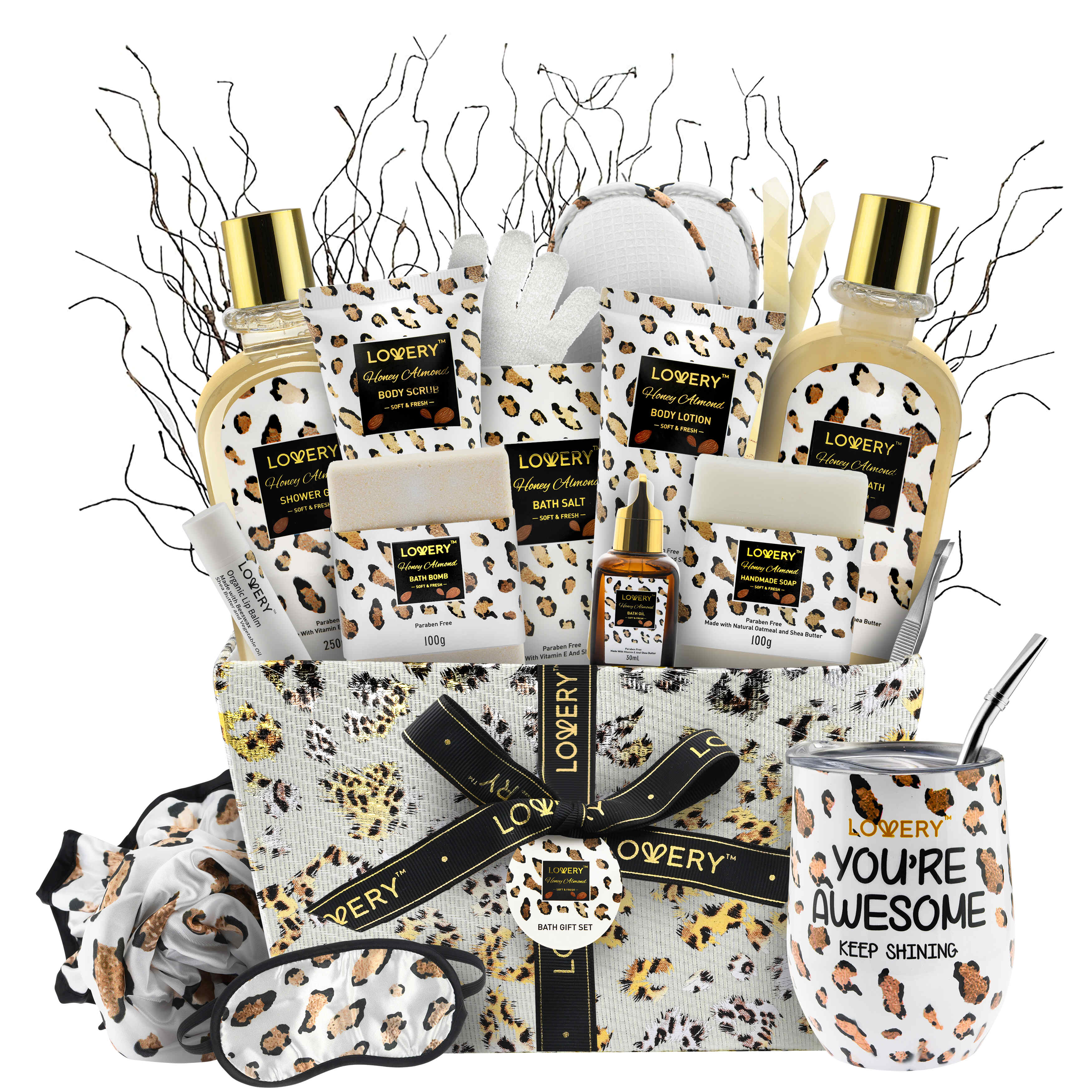Lovery Home Spa Kit In Honey Almond Scent - Leopard Luxury Gift Basket - 21 Pcs