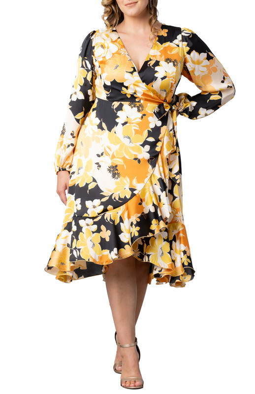 Kiyonna Plus Size Serena Satin Long Sleeve Wrap Dress (Plus Size)
