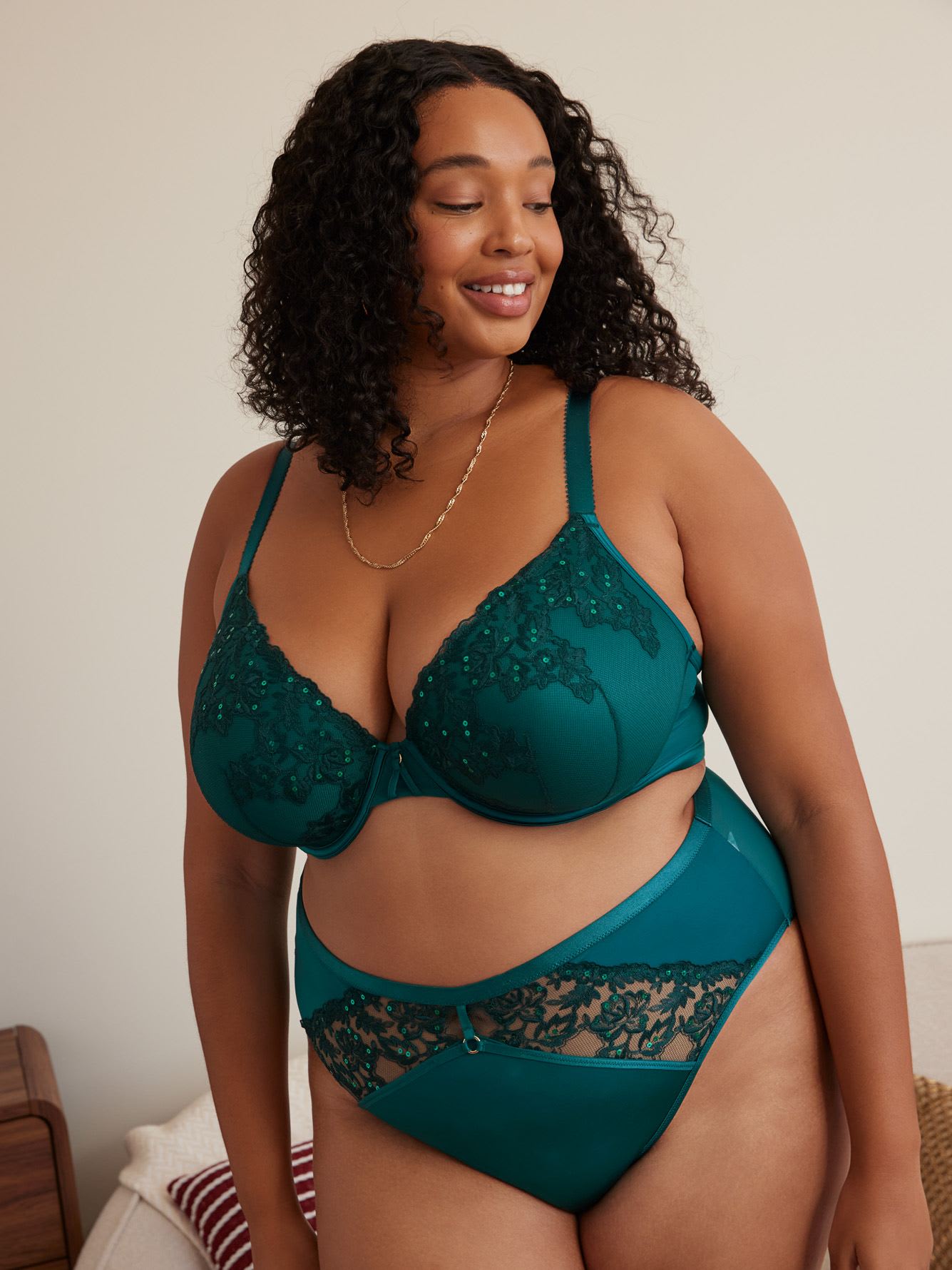 Underwire Padded Plunge Bra with Sequined Lace - Déesse Collection