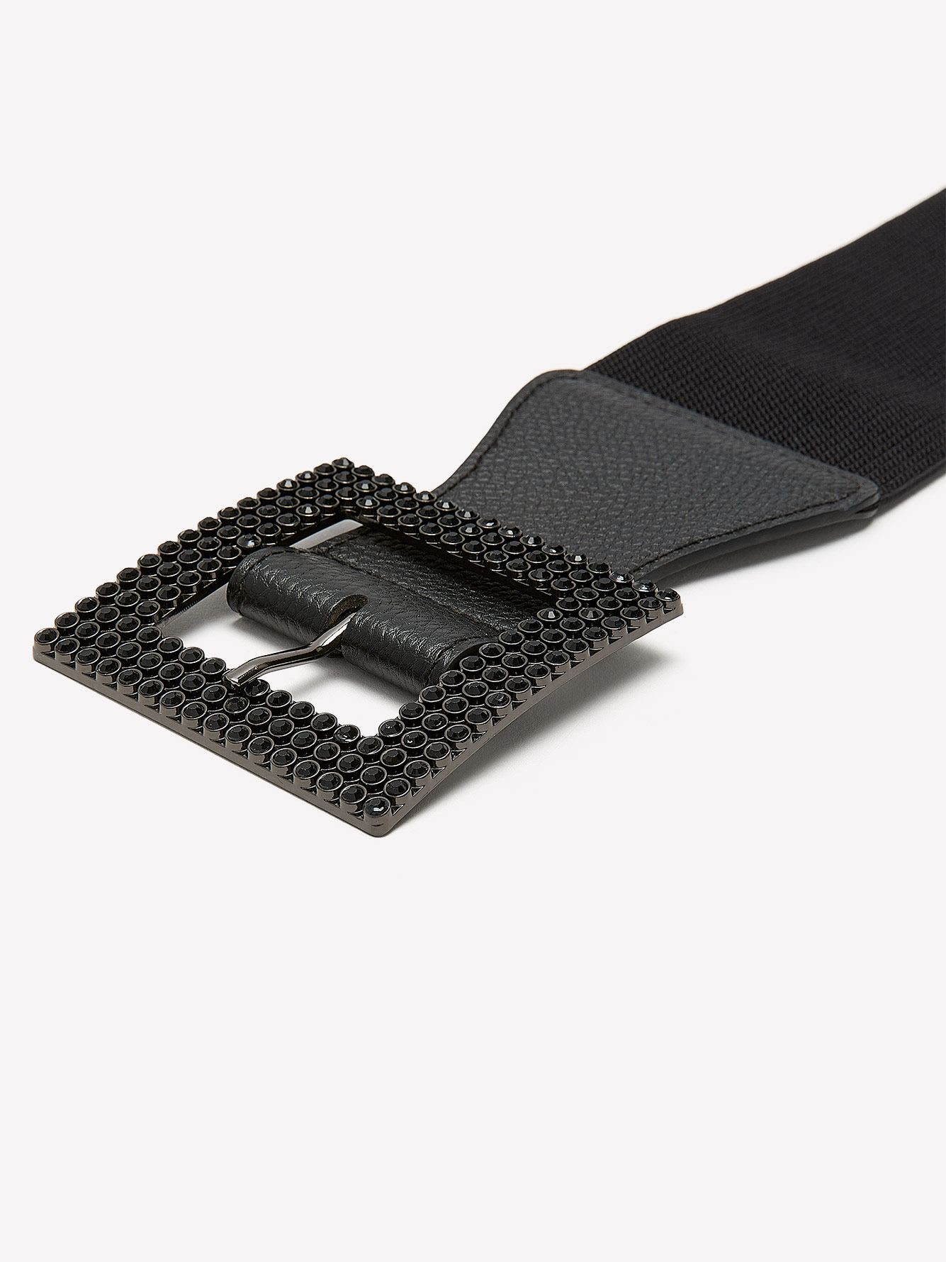 Black Wide Elastic Belt with Rhinestone Square Buckle