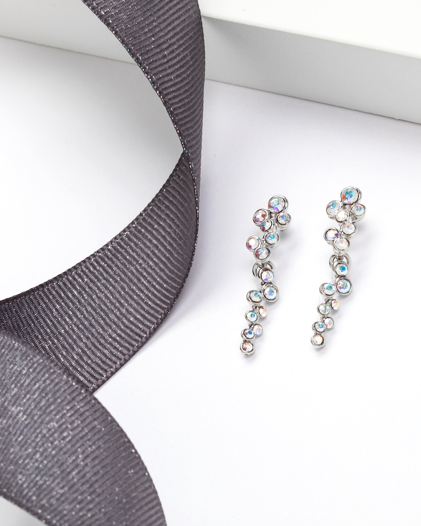 Rhodium Plated Cluster Drop Crystal Earrings in Aurora Borealis - callura