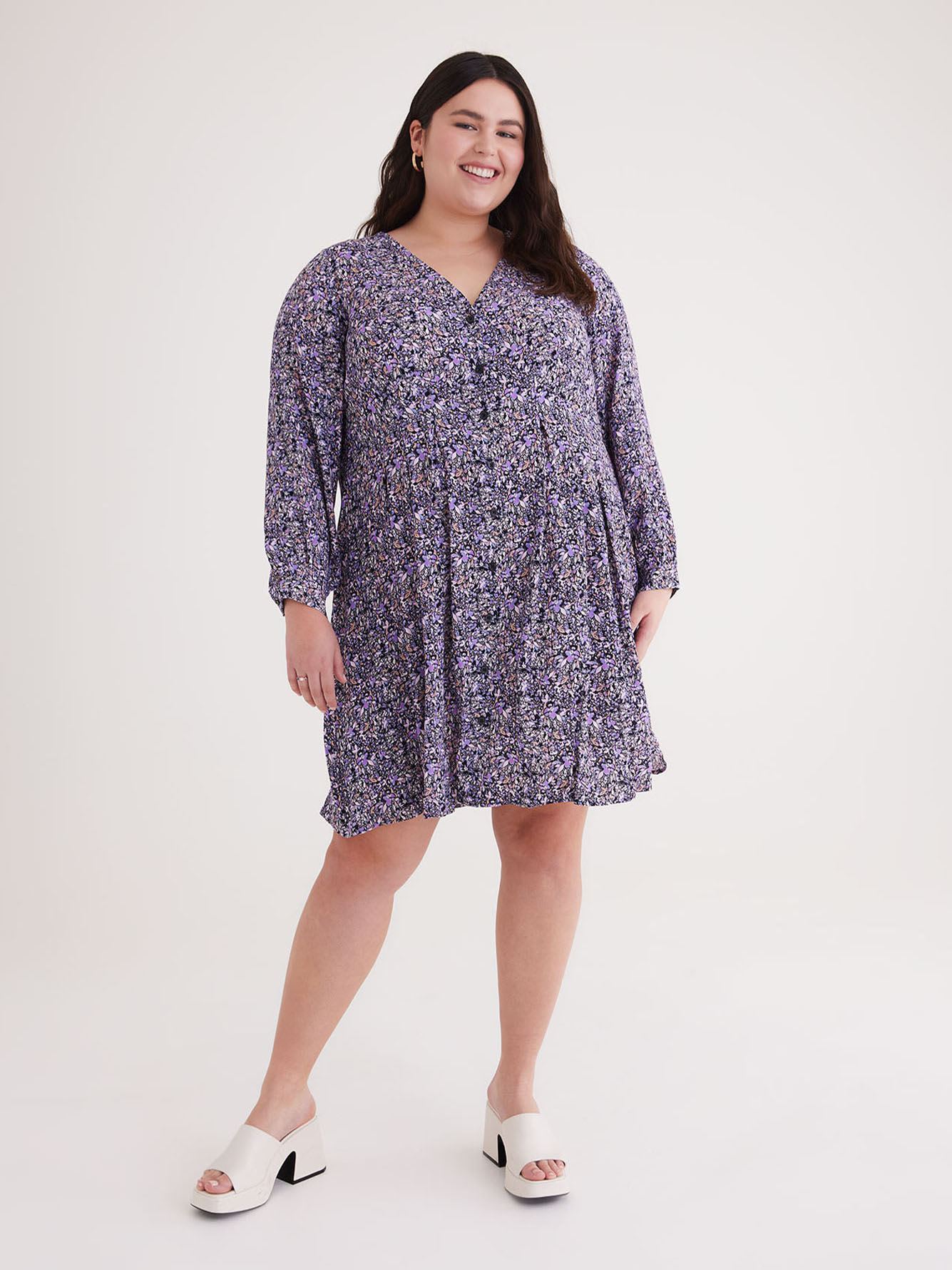 Printed Long-Sleeve Swing Dress