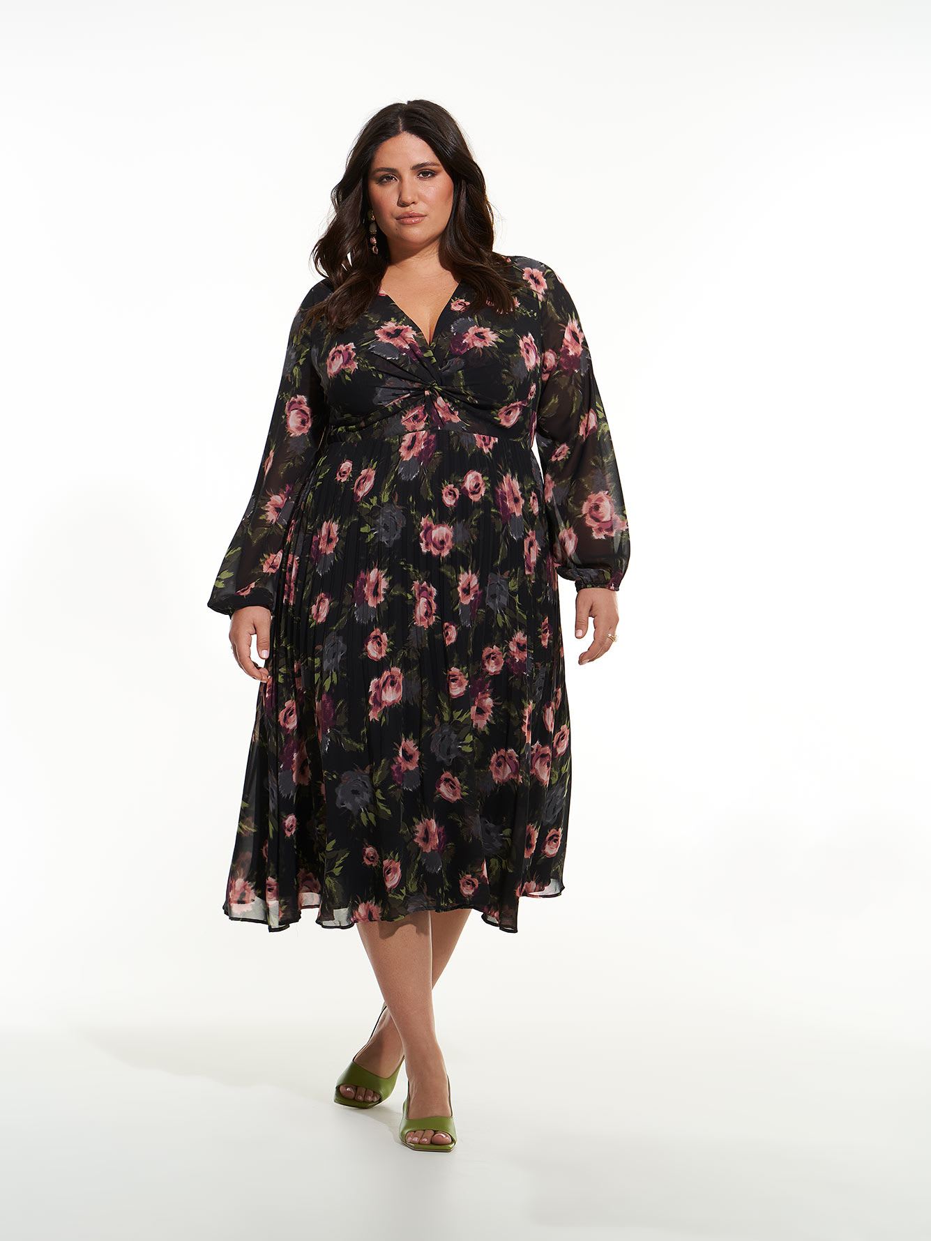 Responsible, Fit & Flare Pleated Dress with Twisted Front Knot - Addition Elle