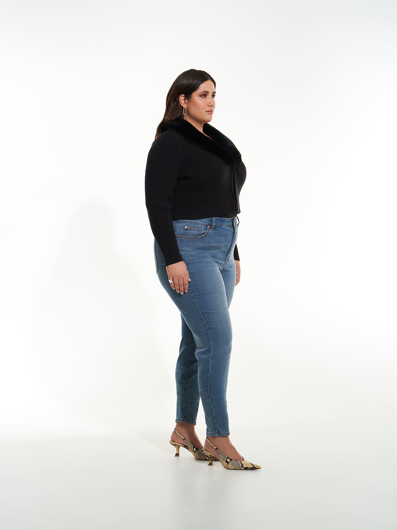 Black Ribbed Shrug with Faux Fur Collar - Addition Elle