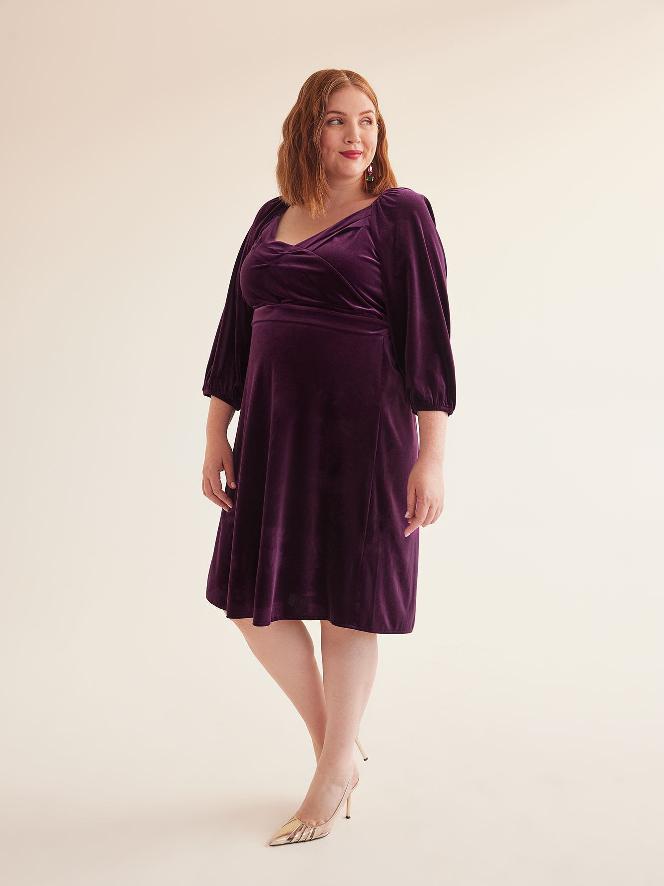 Velvet Crossover Pleated V-Neck Dress