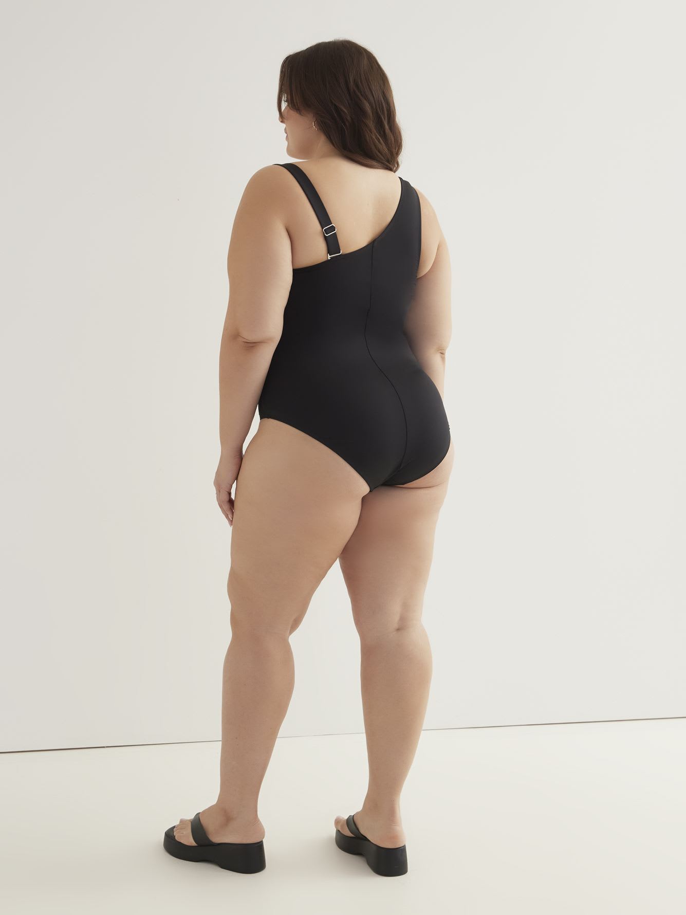 Black Asymmetrical One-Piece Swimwear with Mesh Insert