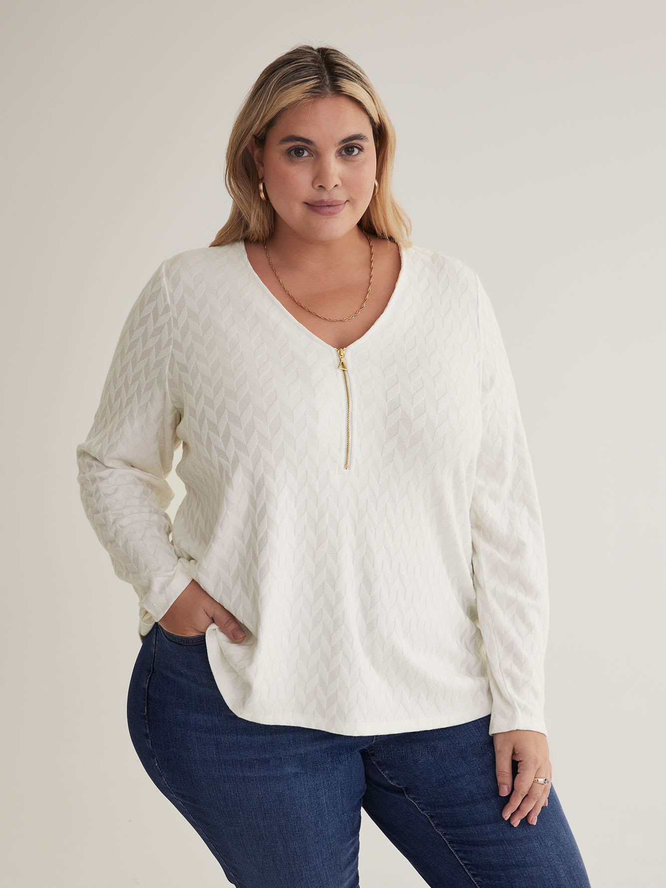 White Textured Knit Top with Zippered V-Neck