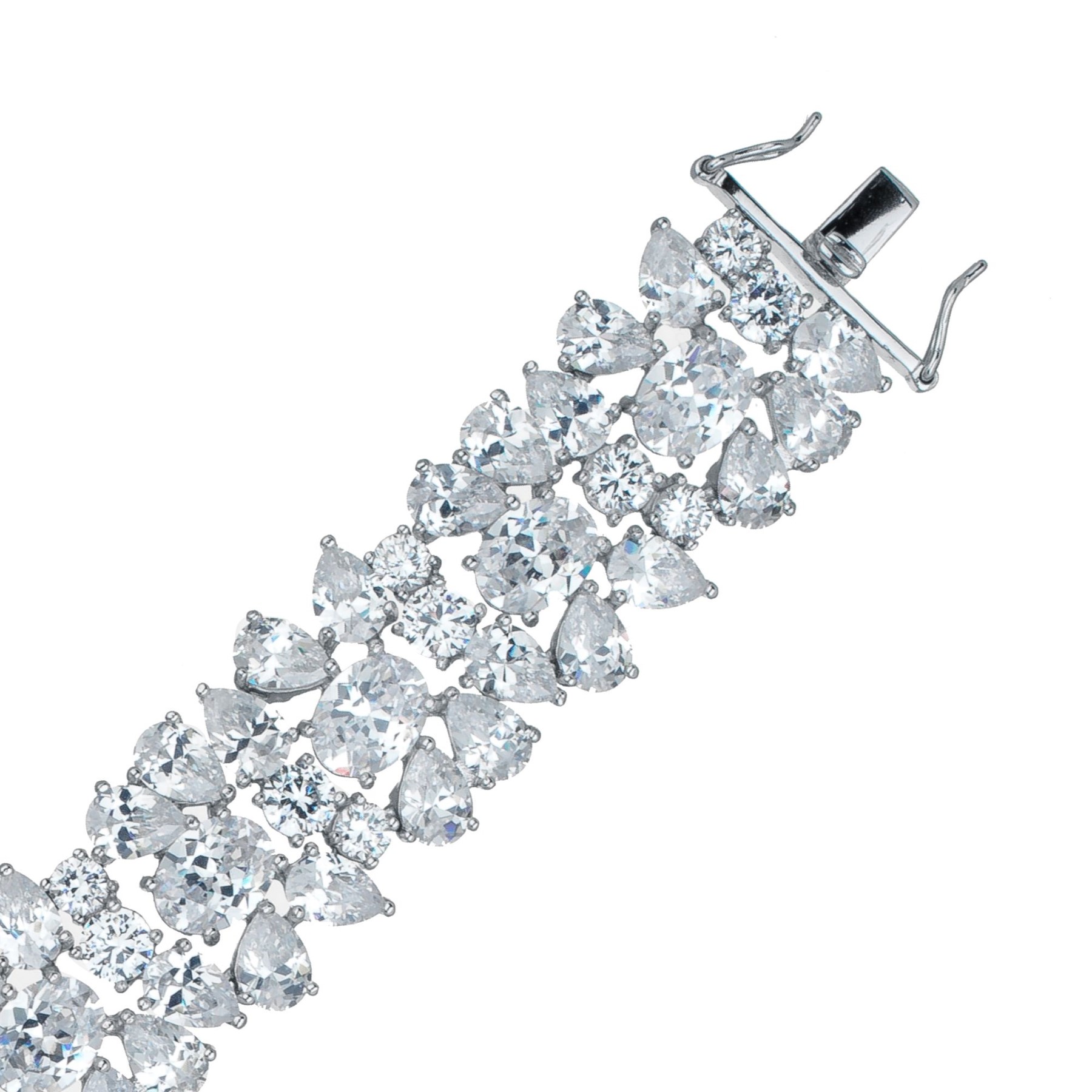 Genevive - Cubic Zirconia Sterling Silver Rhodium Plated Wide Flower Bracelet