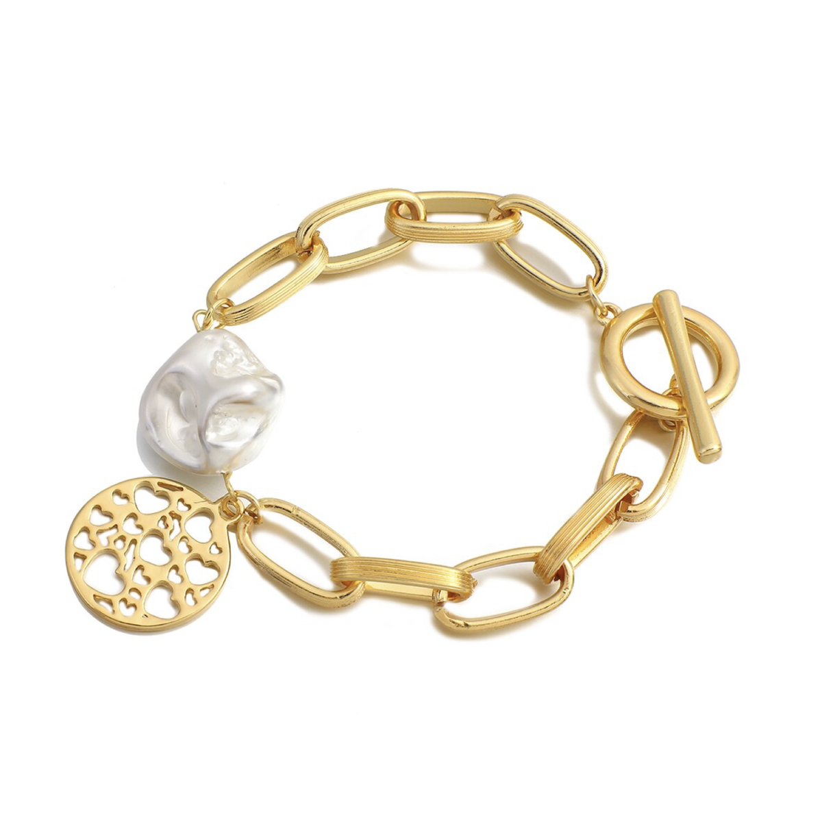 Goldtone Pearl Chain Link Bracelet with Heart Charm by Don't AsK